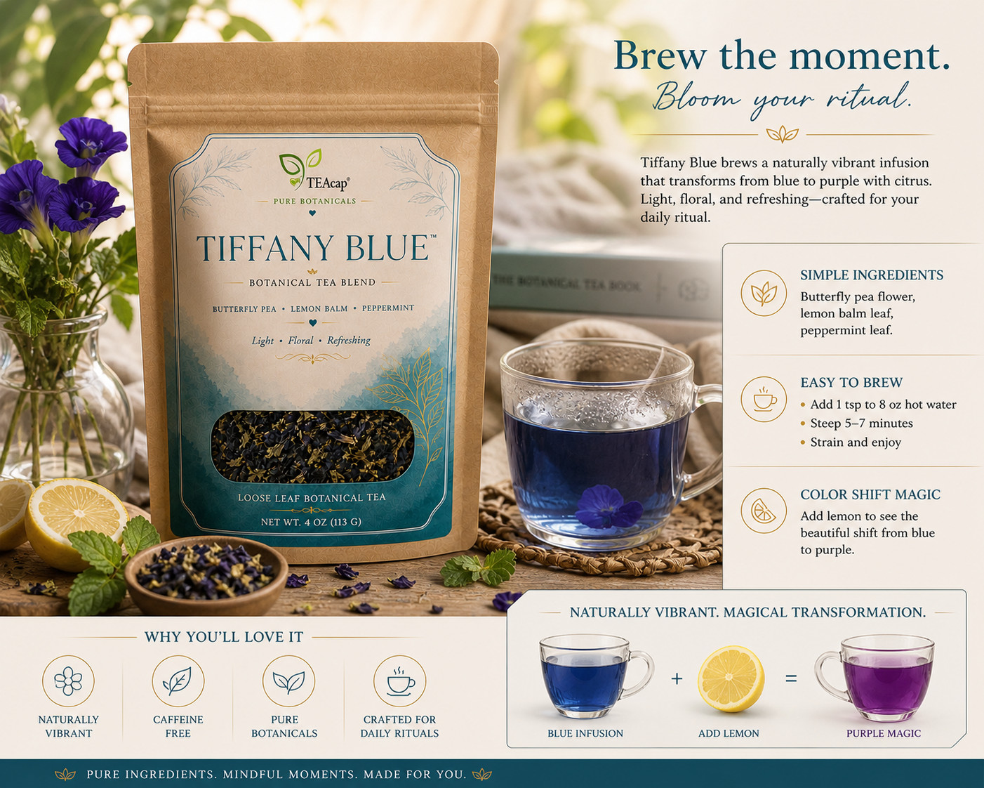 Gourmet Loose Tea A Blend of Peppermint, Butterfly Pea Flower Lemon Balm 3.5 OZ
