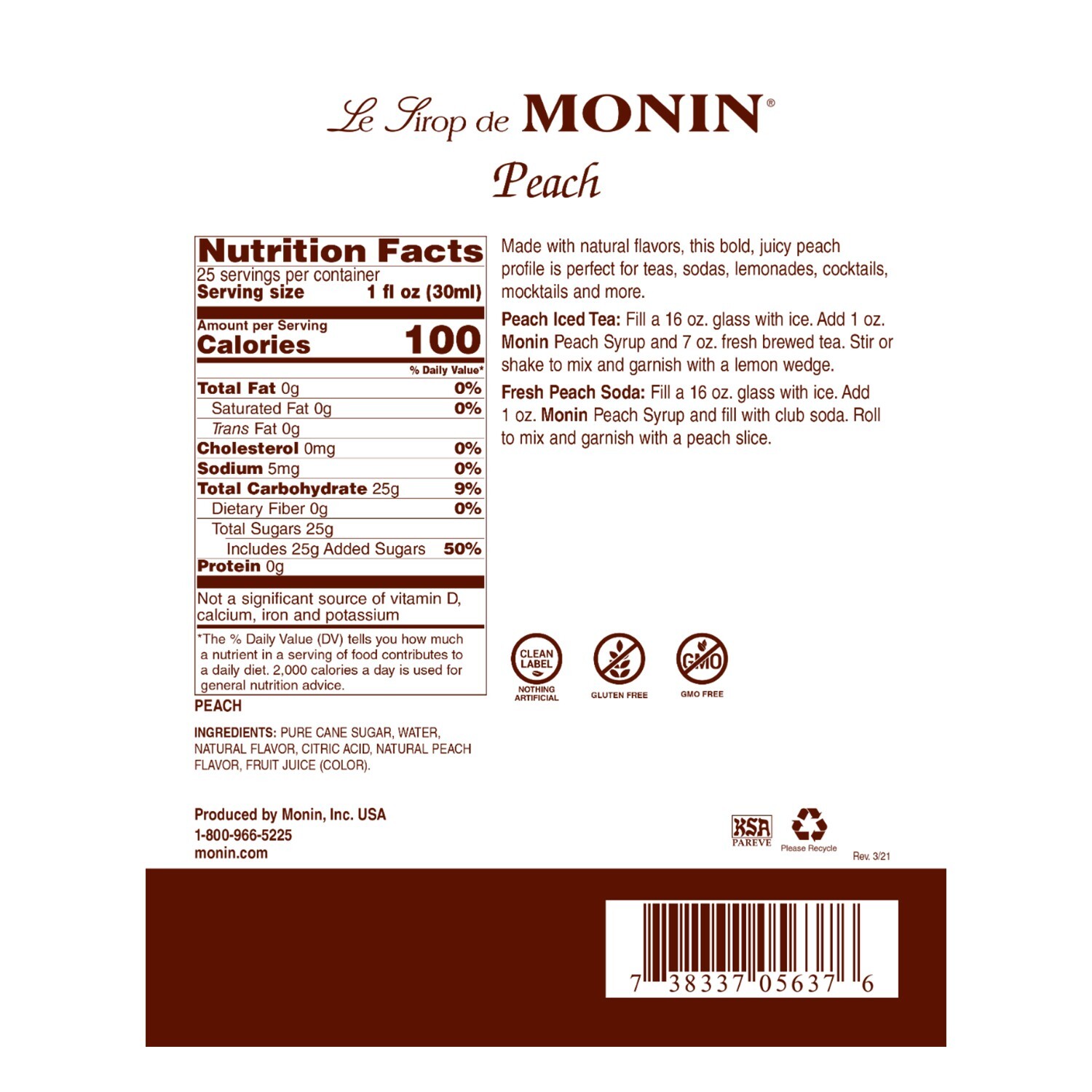Monin Peach Syrup (750mL), H-Peach