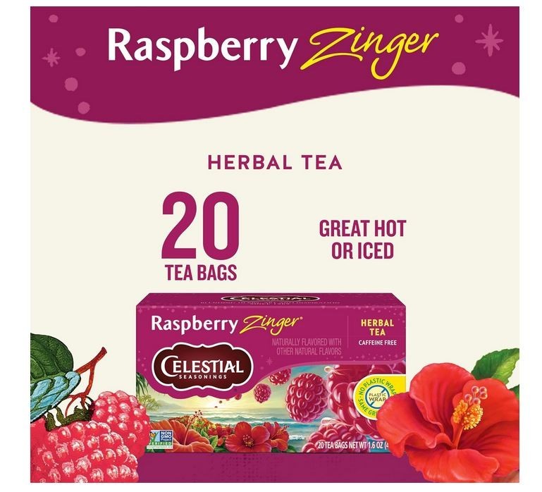 Celestial Seasonings Raspberry Zinger Herbal Tea, Caffeine Free, 20 Tea Bags Box