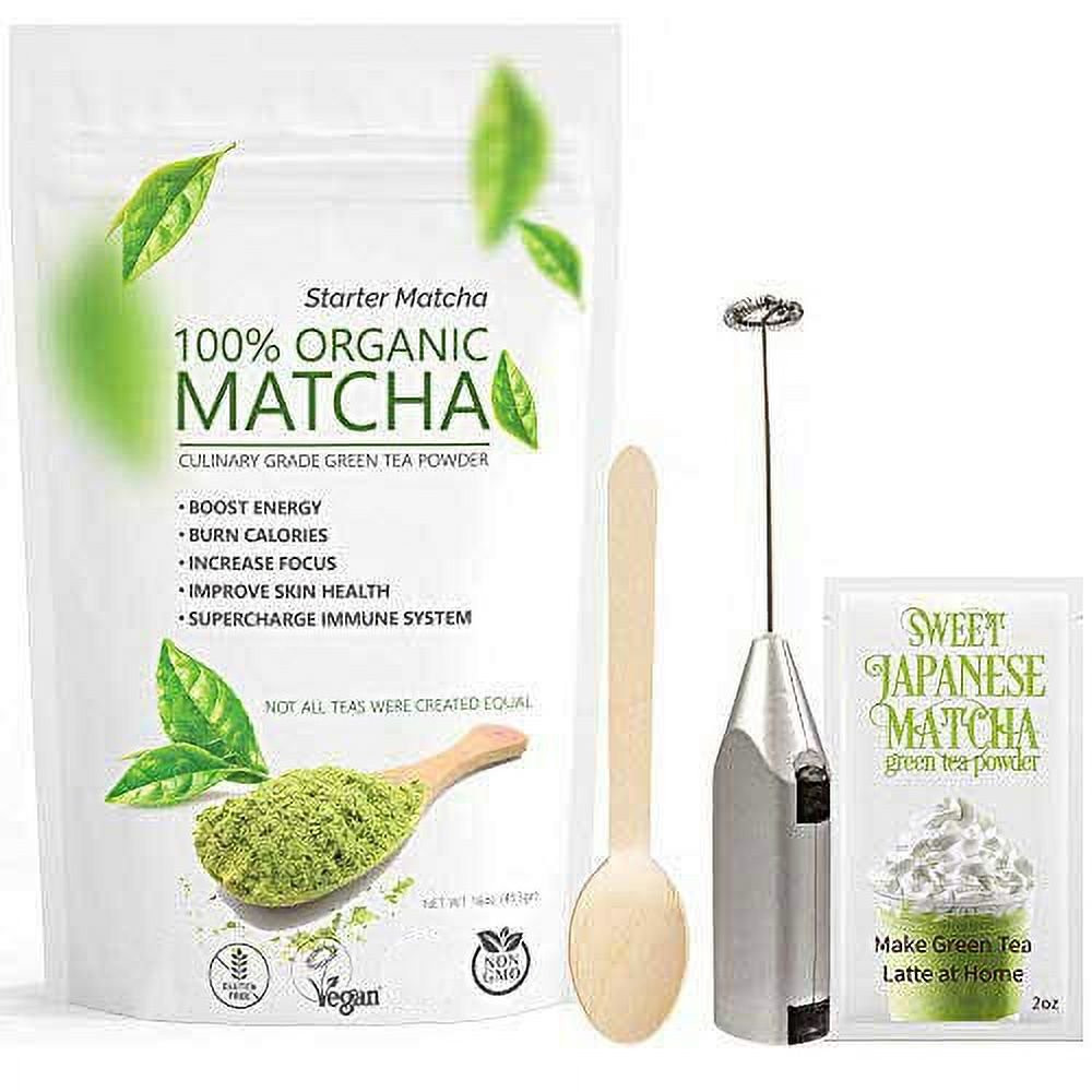 Starter Matcha 4 Items Set Pure Starter Matcha 12Oz – Wooden Spoon – Electric Fr