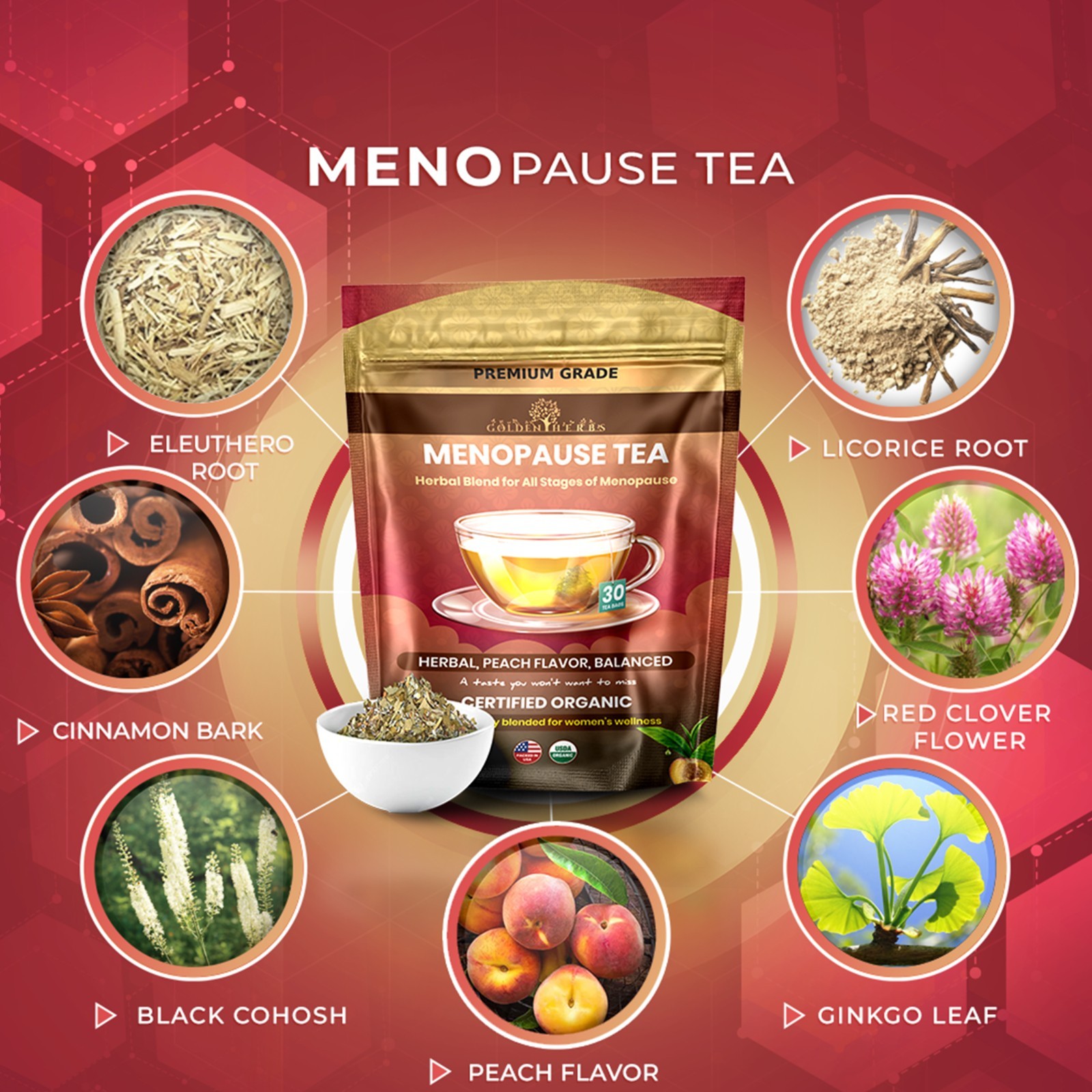 Golden Herbs Menopause Wellness Tea 30 Caffeine-Free Tea Bags Soothing Blend