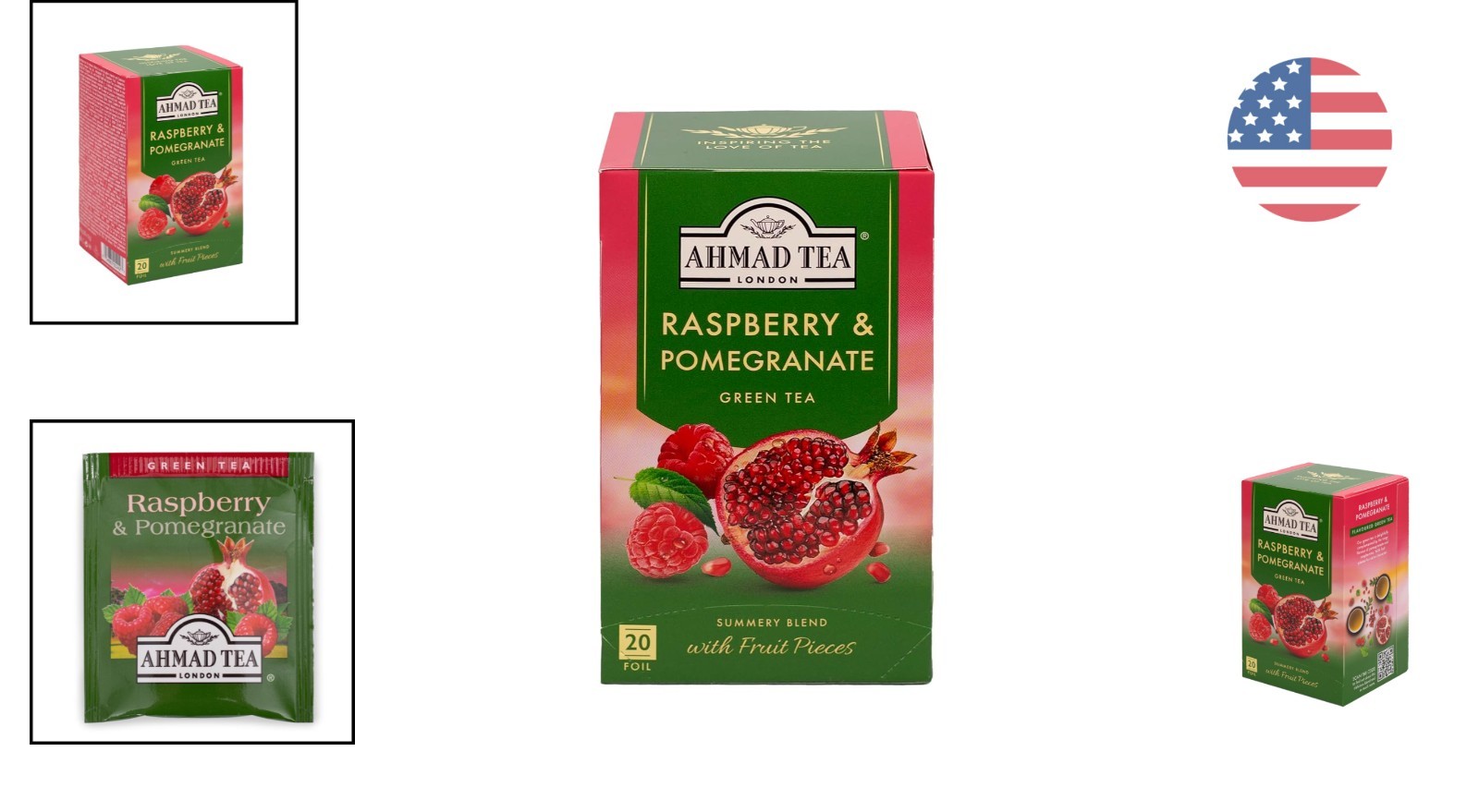 20 Count Ahmad Green Tea Bags – Raspberry & Pomegranate Flavor, Allergen-Free