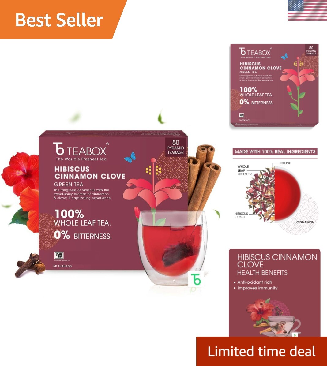 100% Organic Hibiscus Cinnamon Clove Green Tea Bags – 100 pcs of Pure Luxury