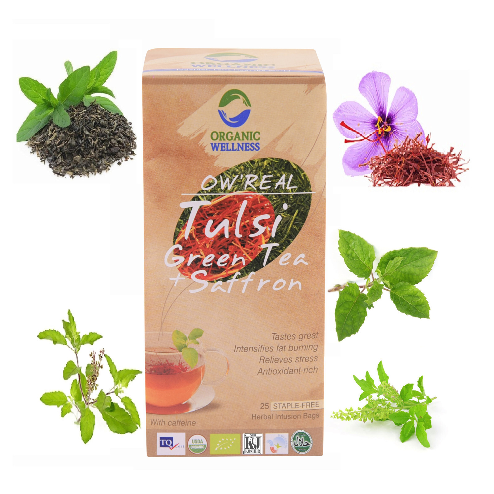 Tulsi & Saffron Green Tea 25 Bags USDA By Organic Wellness Free Shipping