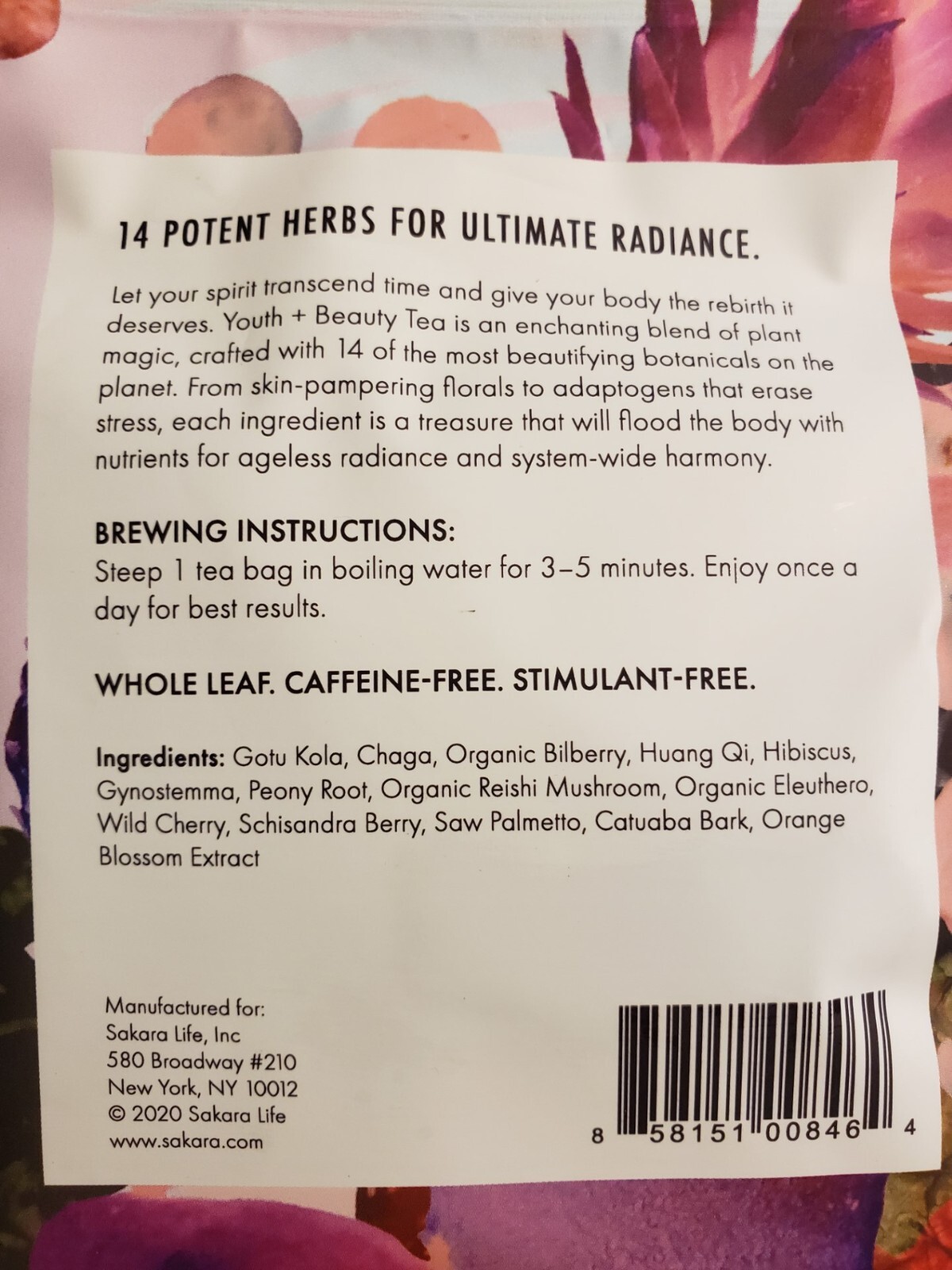 SAKARA YOUTH + BEAUTY SUPERHERB TEA – 5 Whole-Leaf Tea bags x 2 pack – Ex 5/2025