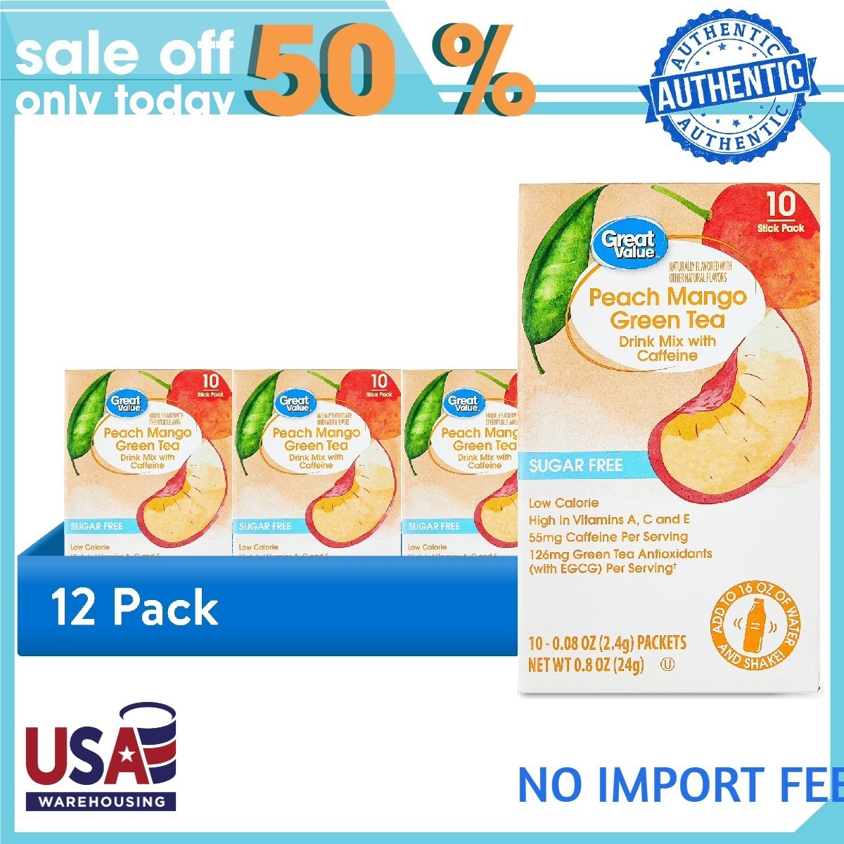 24p Great Value Sugar-Free Peach Mango Green Tea Powdered Drink Mix, 0.08 oz