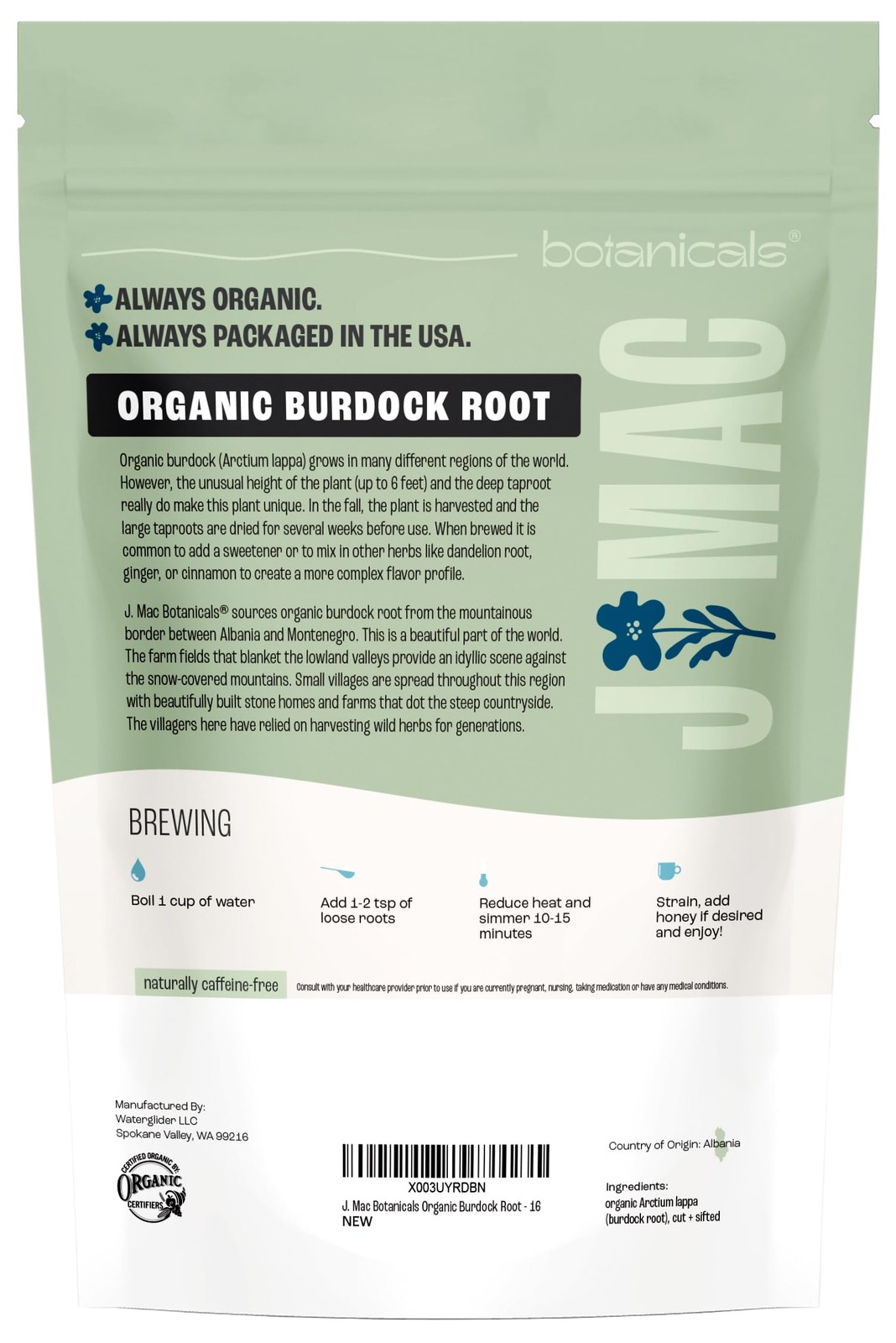 J Mac Botanicals, Organic Burdock Root Tea 16 oz, Certified USDA Organic Burd…
