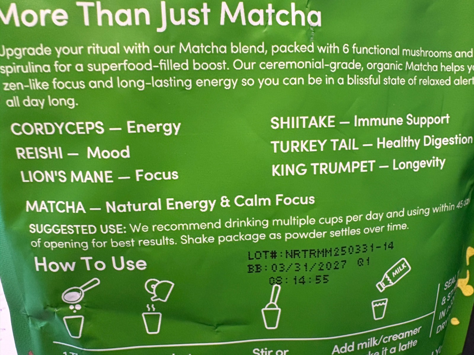 RYZE Mushroom Matcha Powder USDA Organic Vegan 6.35 oz (180g) 30 Servings