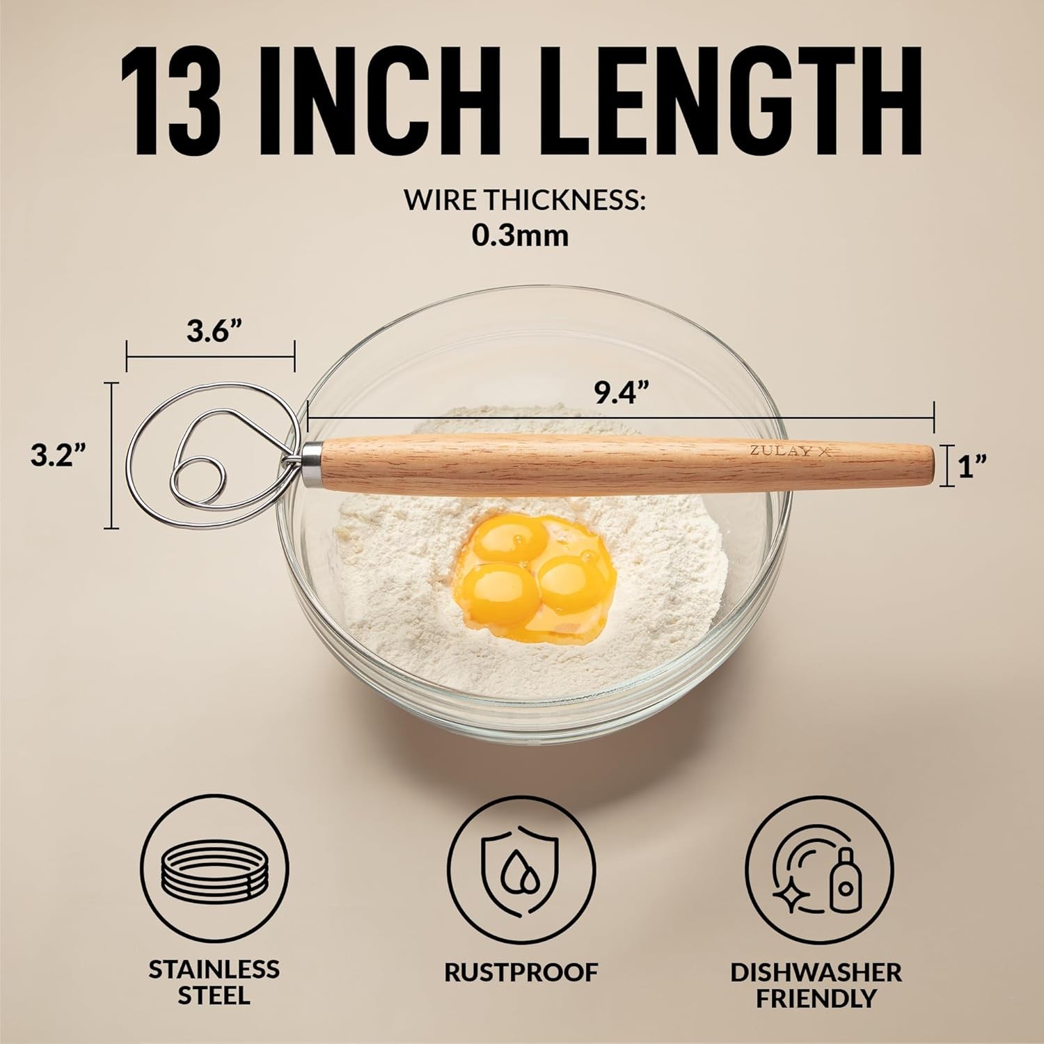 Zulay Kitchen 13-Inch Danish Dough Whisk – Wooden 1 Pack, Rubberwood