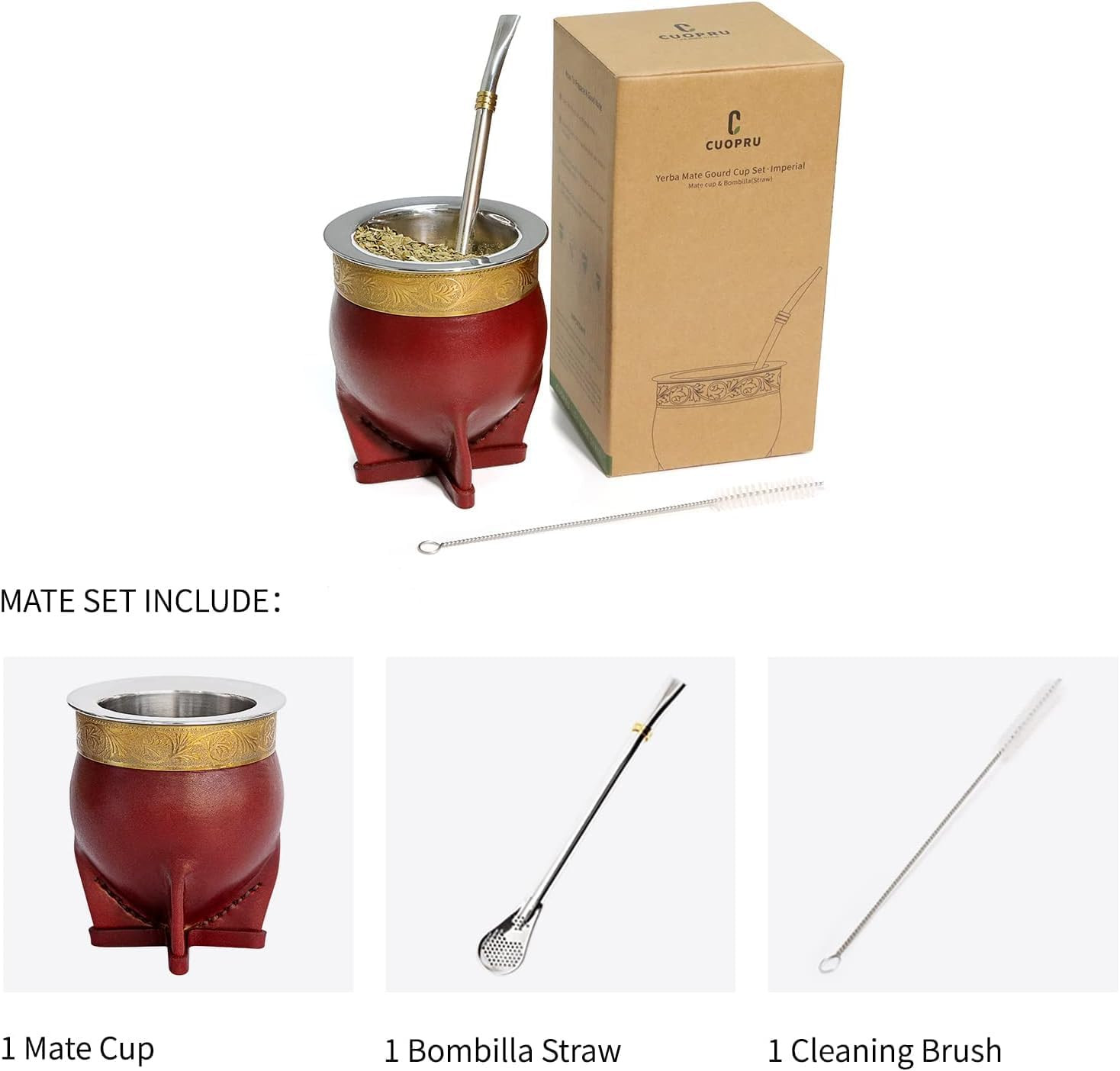 Premium Argentina Imperial Yerba Mate Cup with Bombilla Mate (Straw) Set, Baroqu