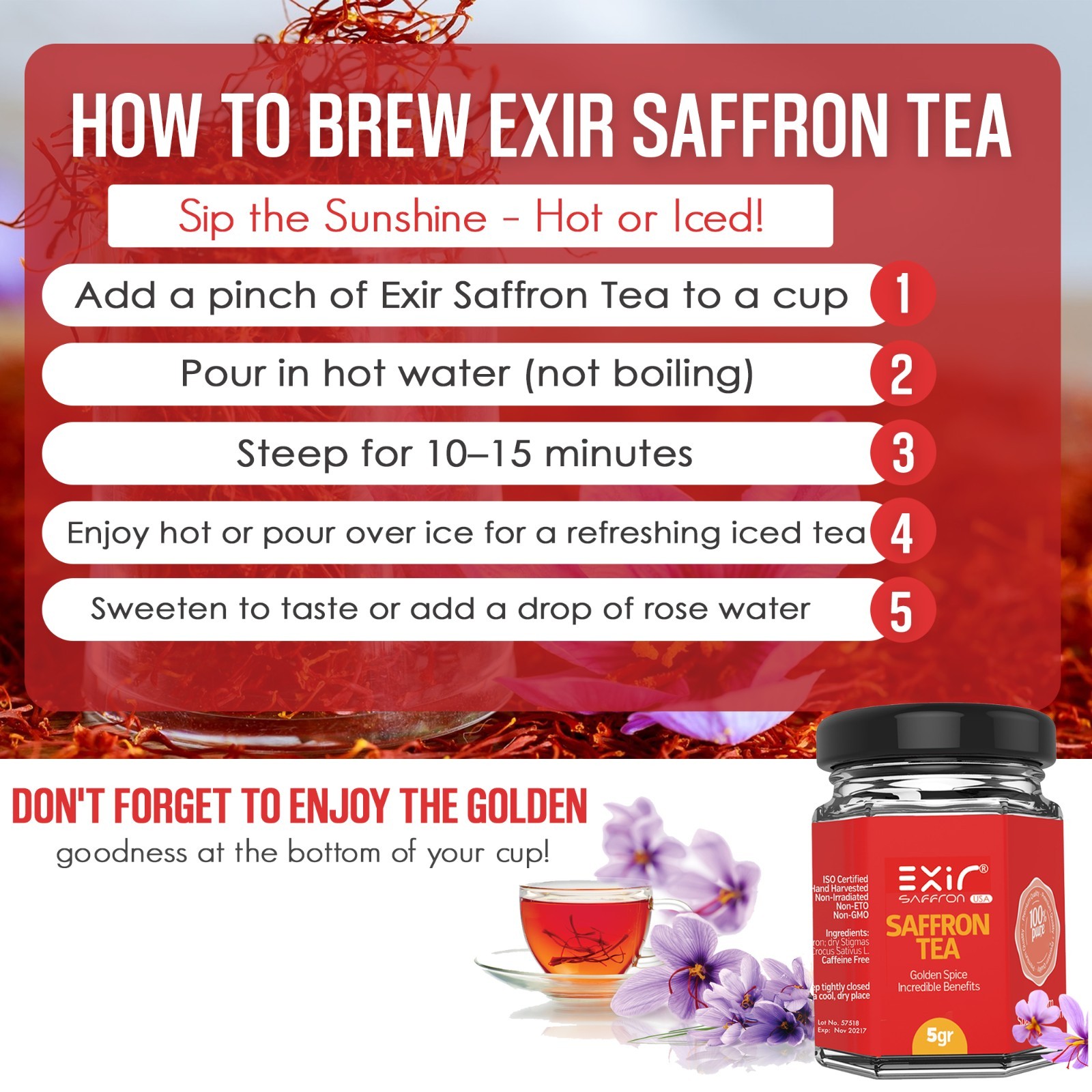 Exir Saffron Loose Herbal Tea, Caffeine-free, Net Weight 5g Glass Jar