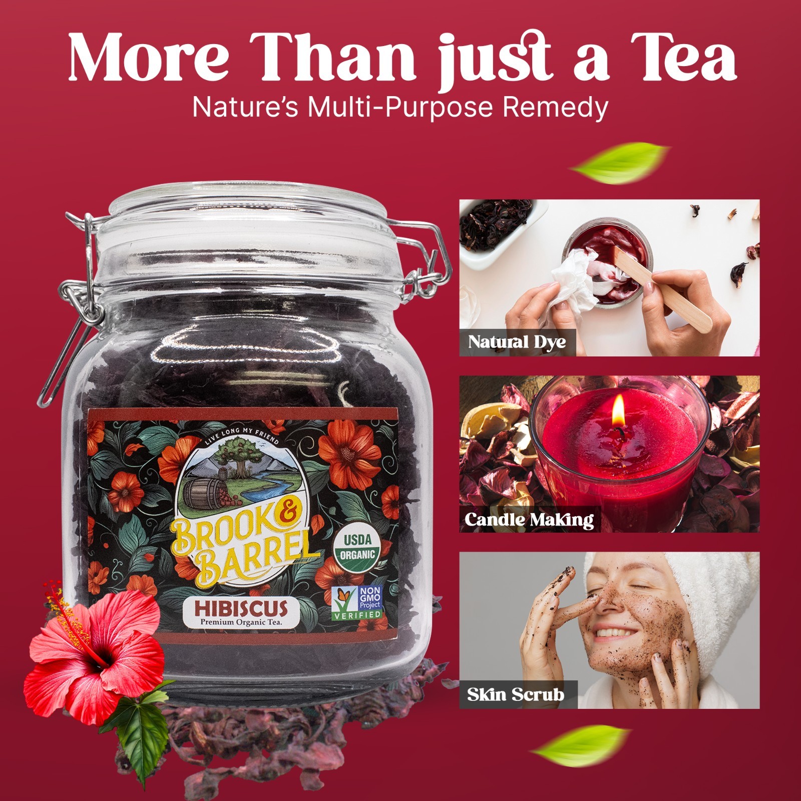 USDA Organic Hibiscus Loose Leaf Tea 1.6lb 25oz Brook & Barrel Glass Jar Herbal