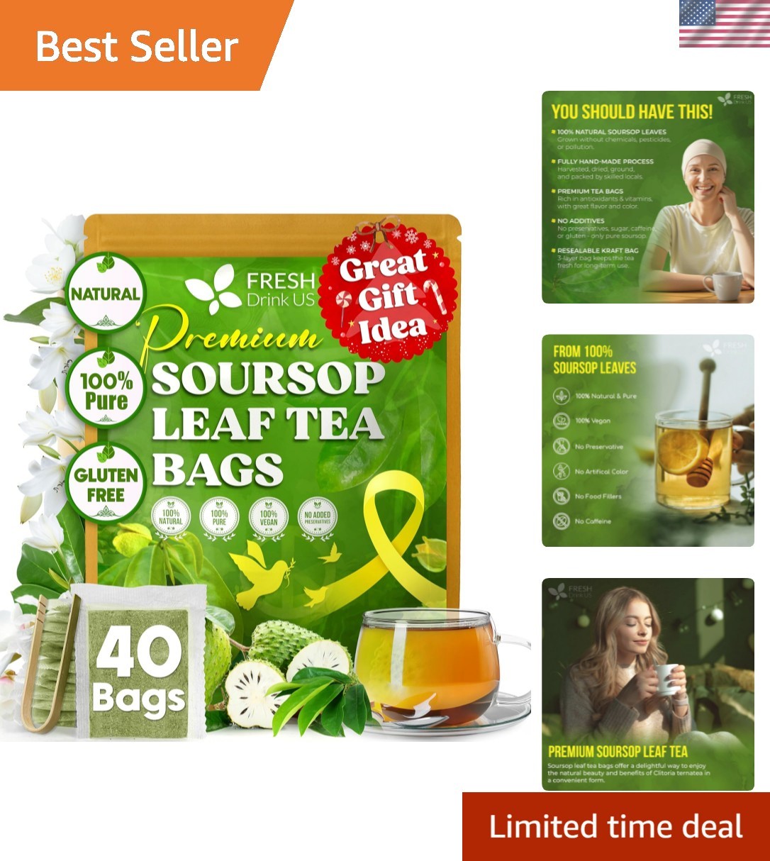 Soursop Graviola Leaf Tea Bags – 40 Natural Bags for Immune Support & Relaxation