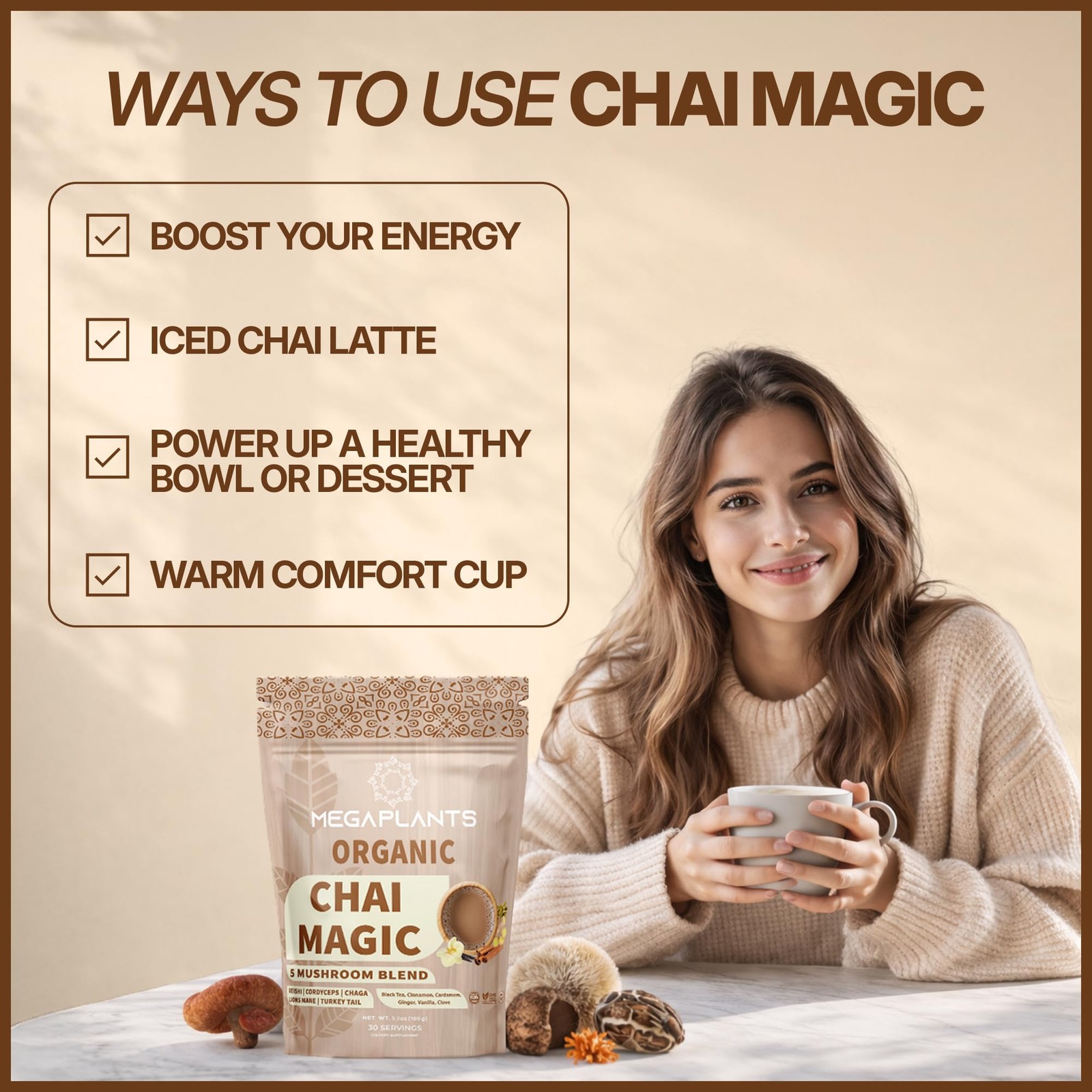 Adaptogenic Chai Tea (30 Servings) | No Crash Energy & Focus Blend with Lion’…