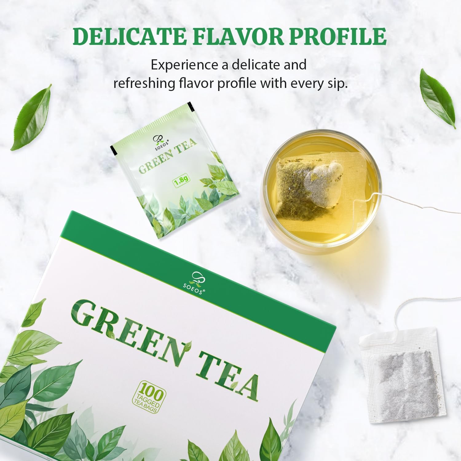 Soeos Green Tea, 6.3 oz (180g), 100 Tea Bags, 100 Count (Pack of 1)