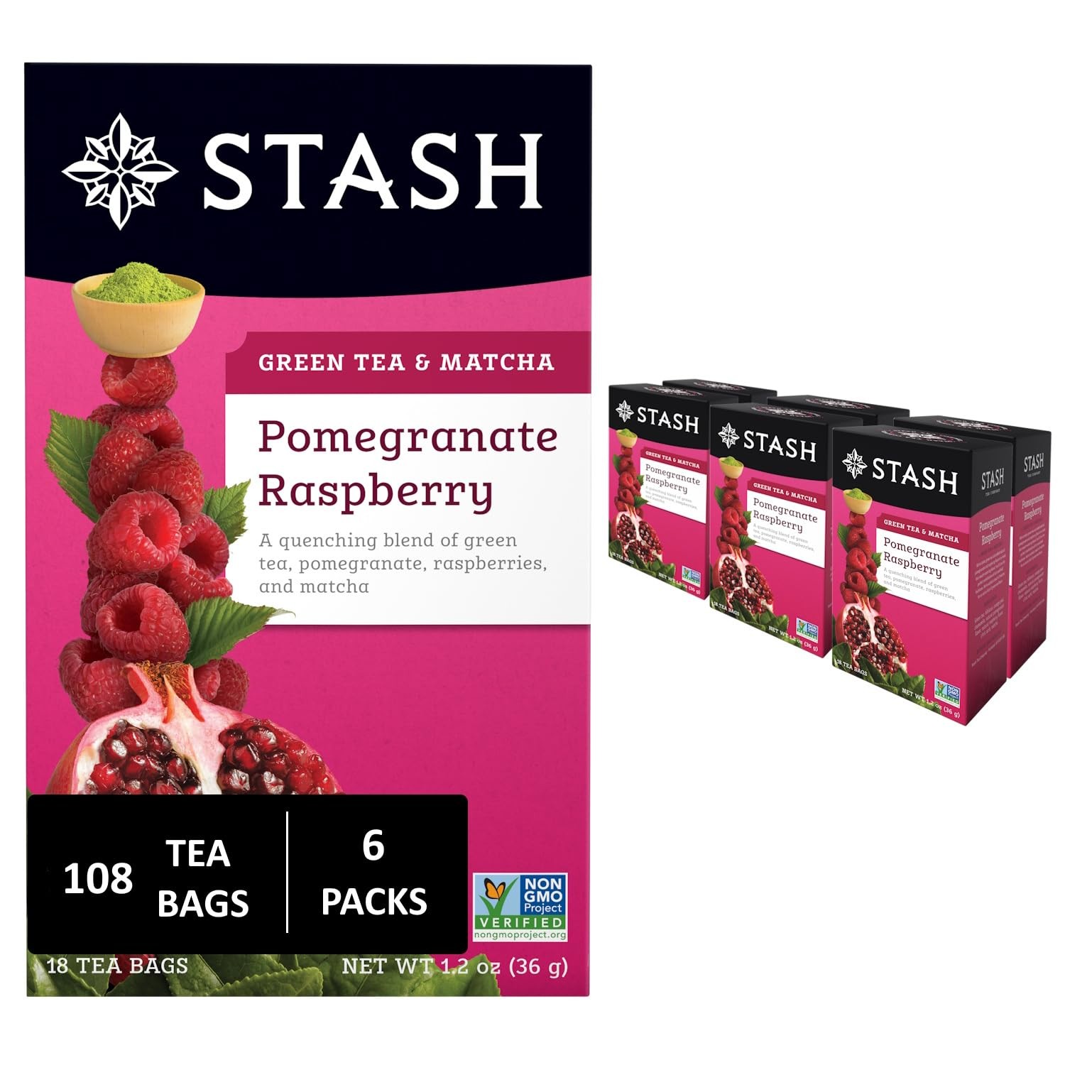 Stash Tea Pomegranate Raspberry & Matcha Green Tea – Caffeinated, Non-Gmo