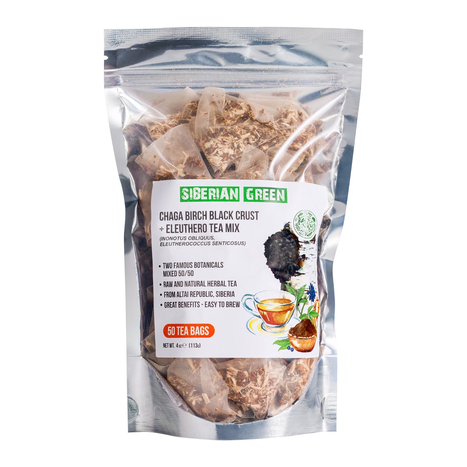 Siberian Chaga Tea with Eleuthero Root | 50 Tea Bags for Energy & Wellness