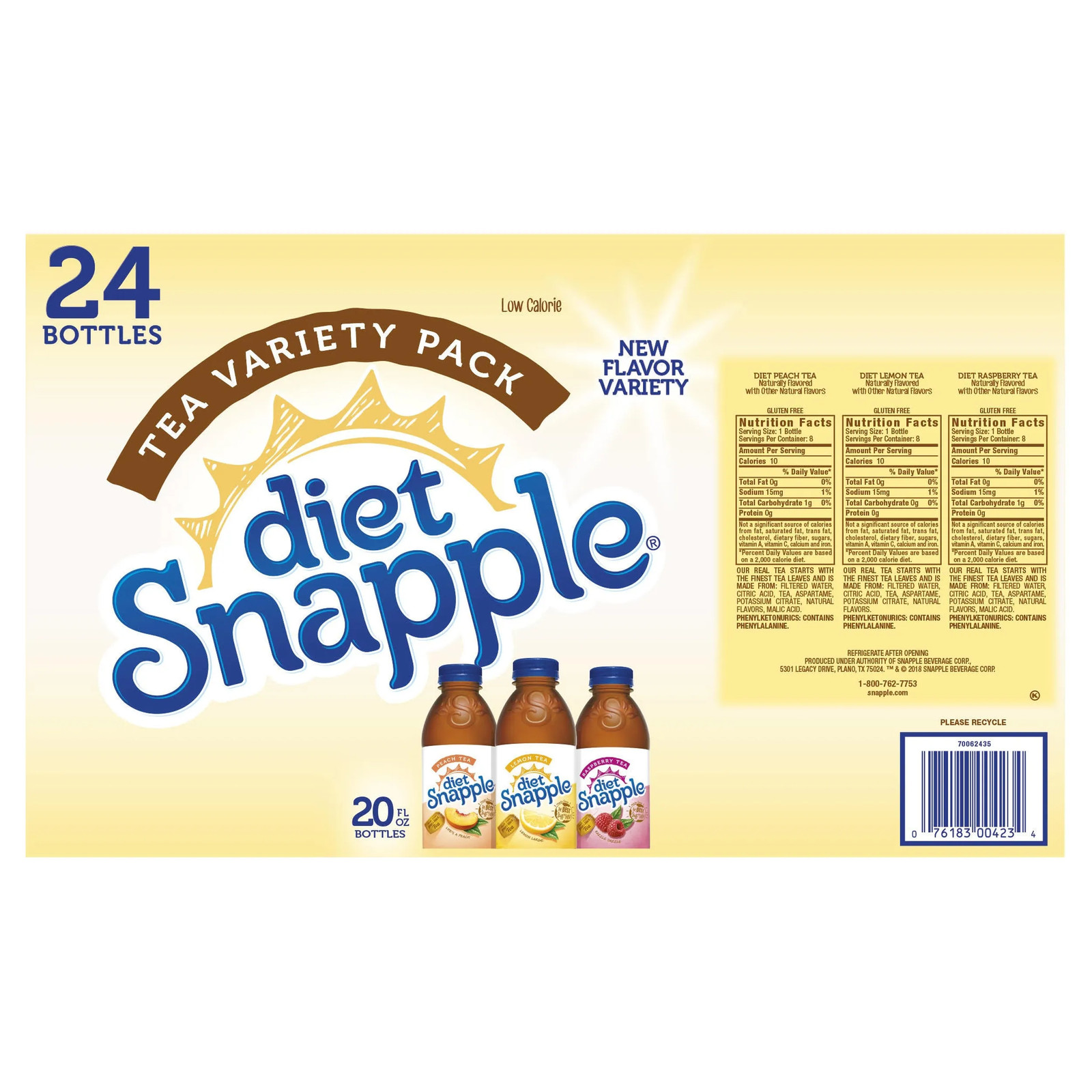 Snapple Diet Tea Pack, Zero Sugar, Variety, 20 fl oz, 24 count