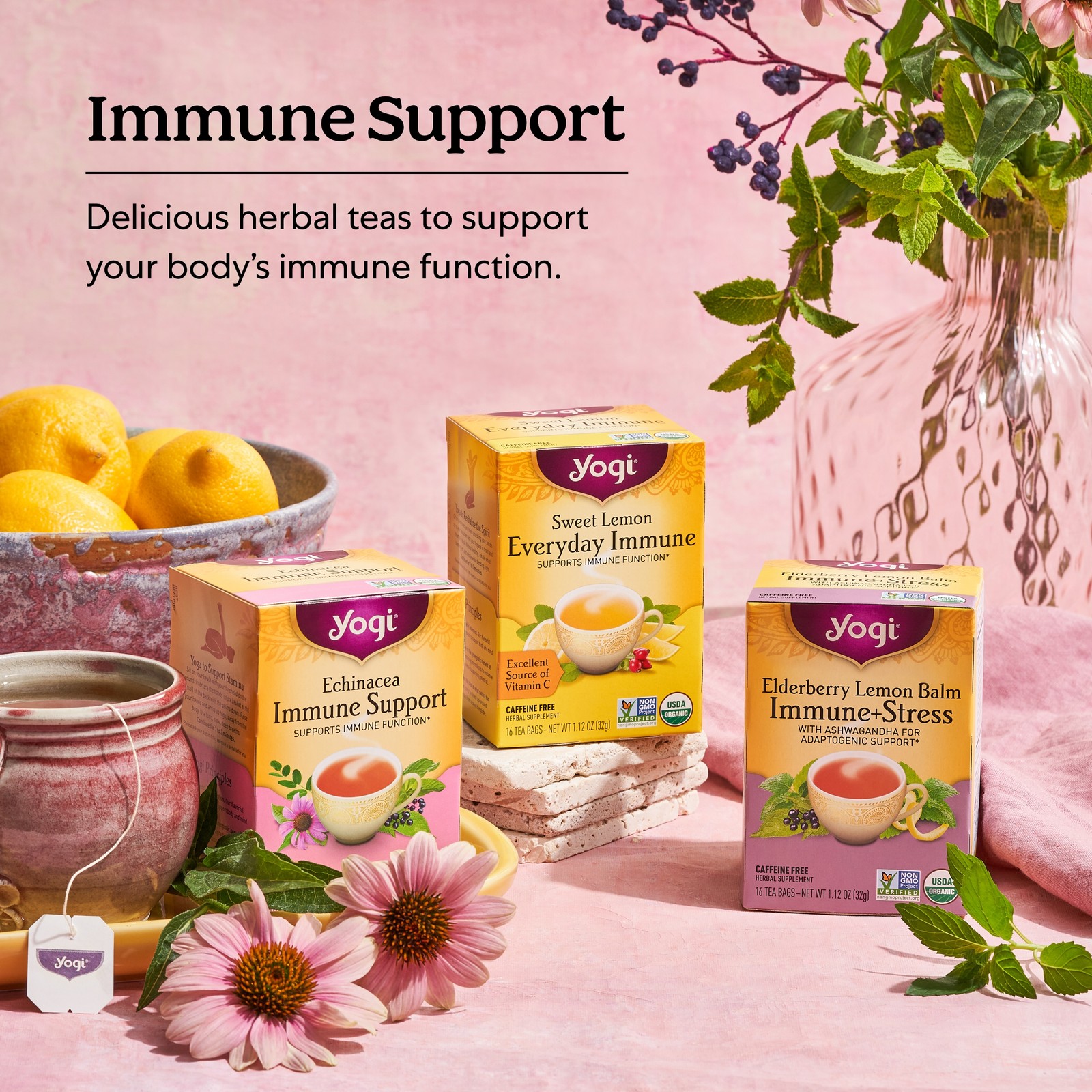 Yogi Tea – Elderberry Lemon Balm Immune and Stress Support (4 Pack) 64 Tea Bags
