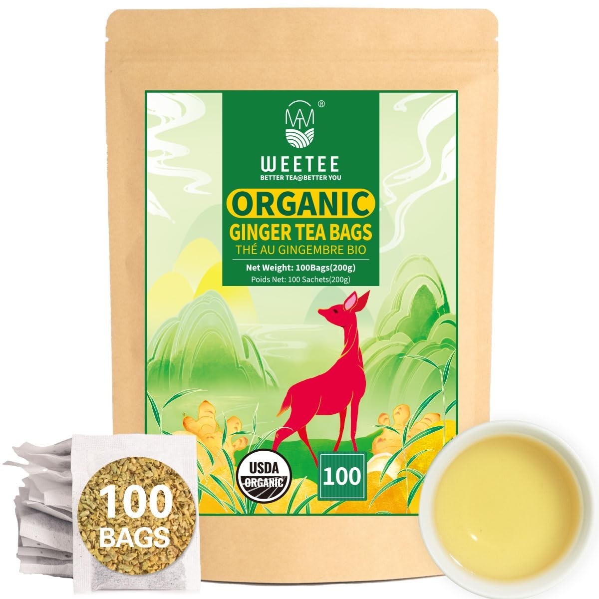 Caffeine Free Ginger Tea, 100 Count Organic Bags for Nutritional Benefits