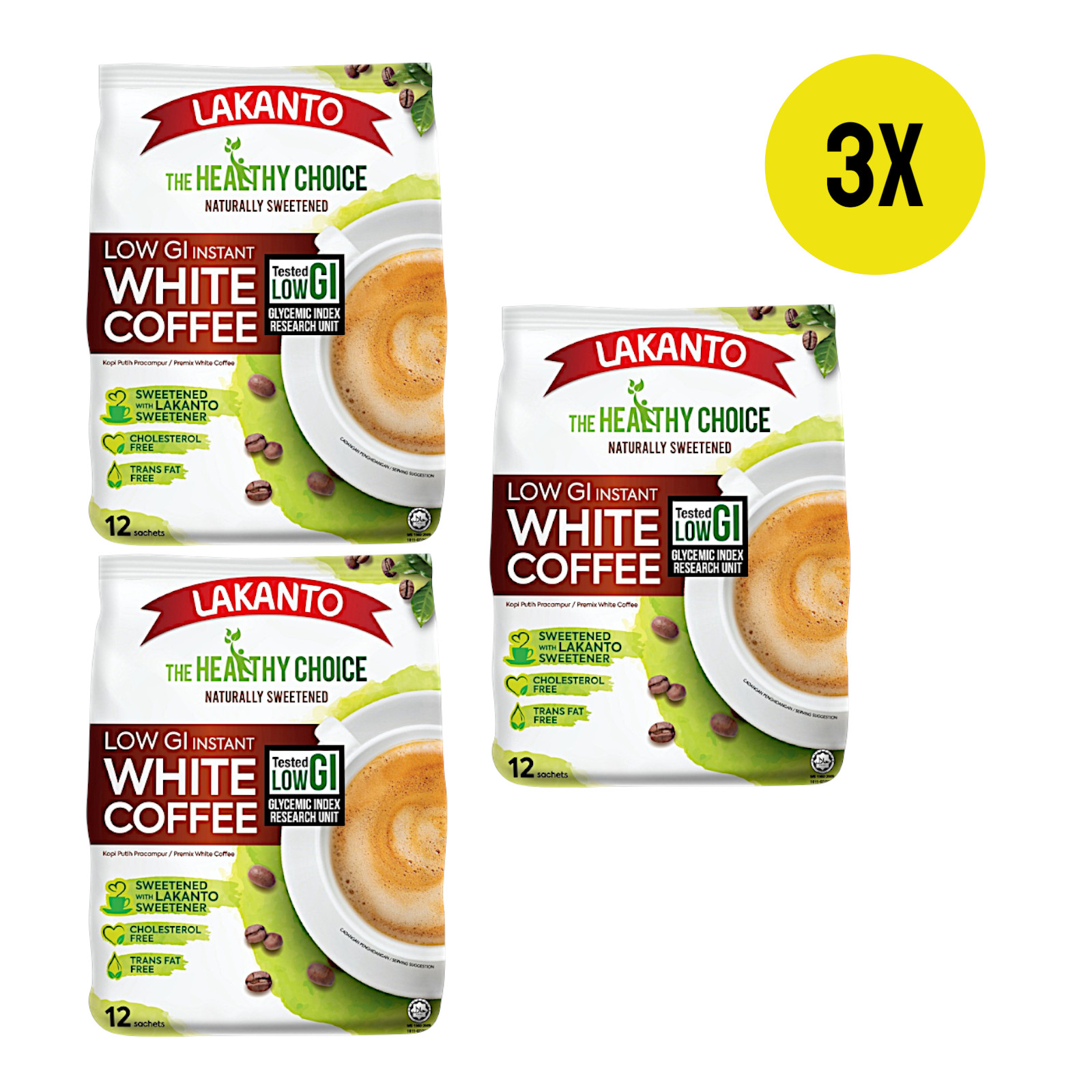 LAKANTO Low GI 3-in-1 Instant White Coffee No Sugar Added Low Calorie – 3 Packs