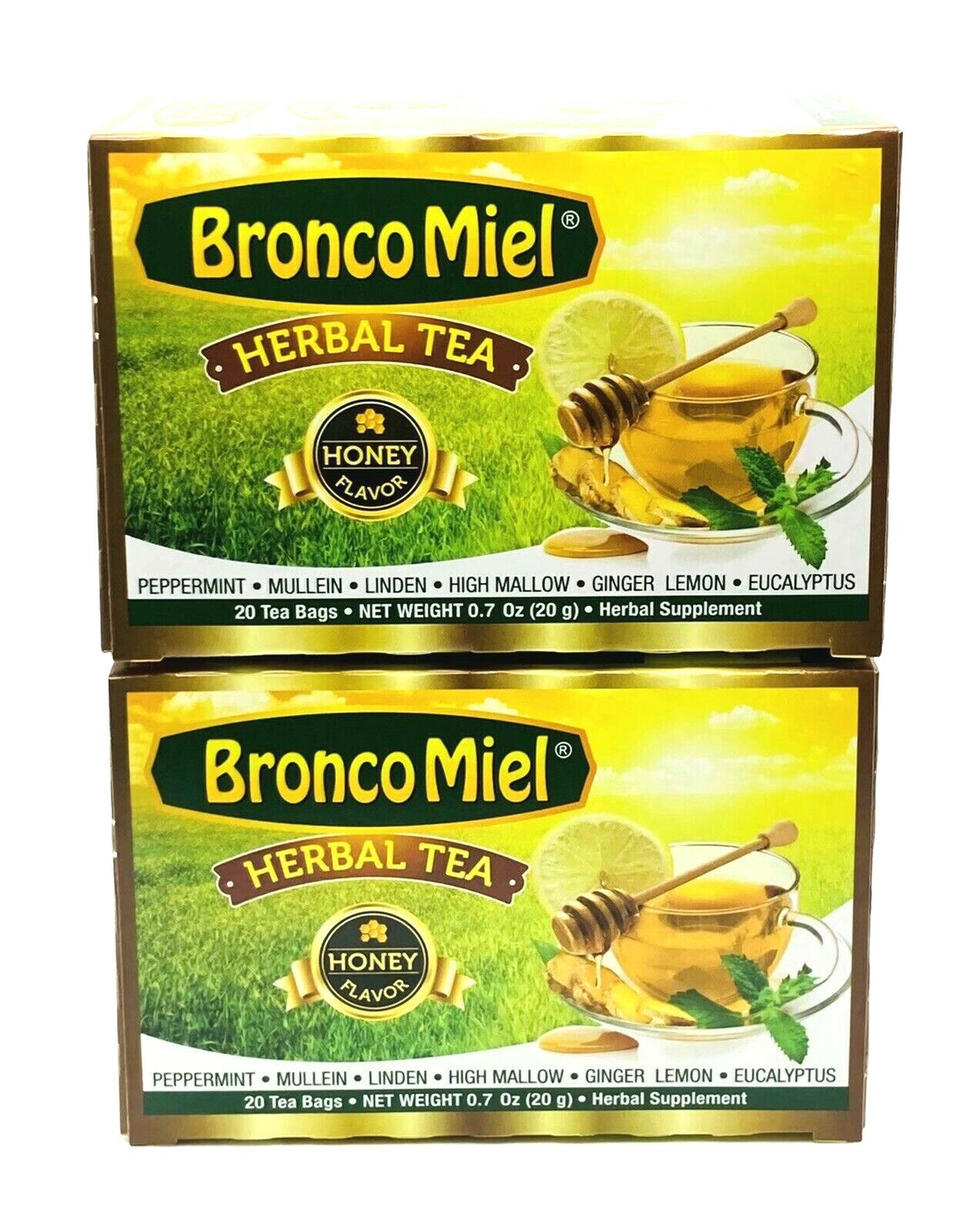 Bronco Miel Herbal Tea Honey Flavor 20 Bags Each – 2 Boxes Peppermint Eucalyptus