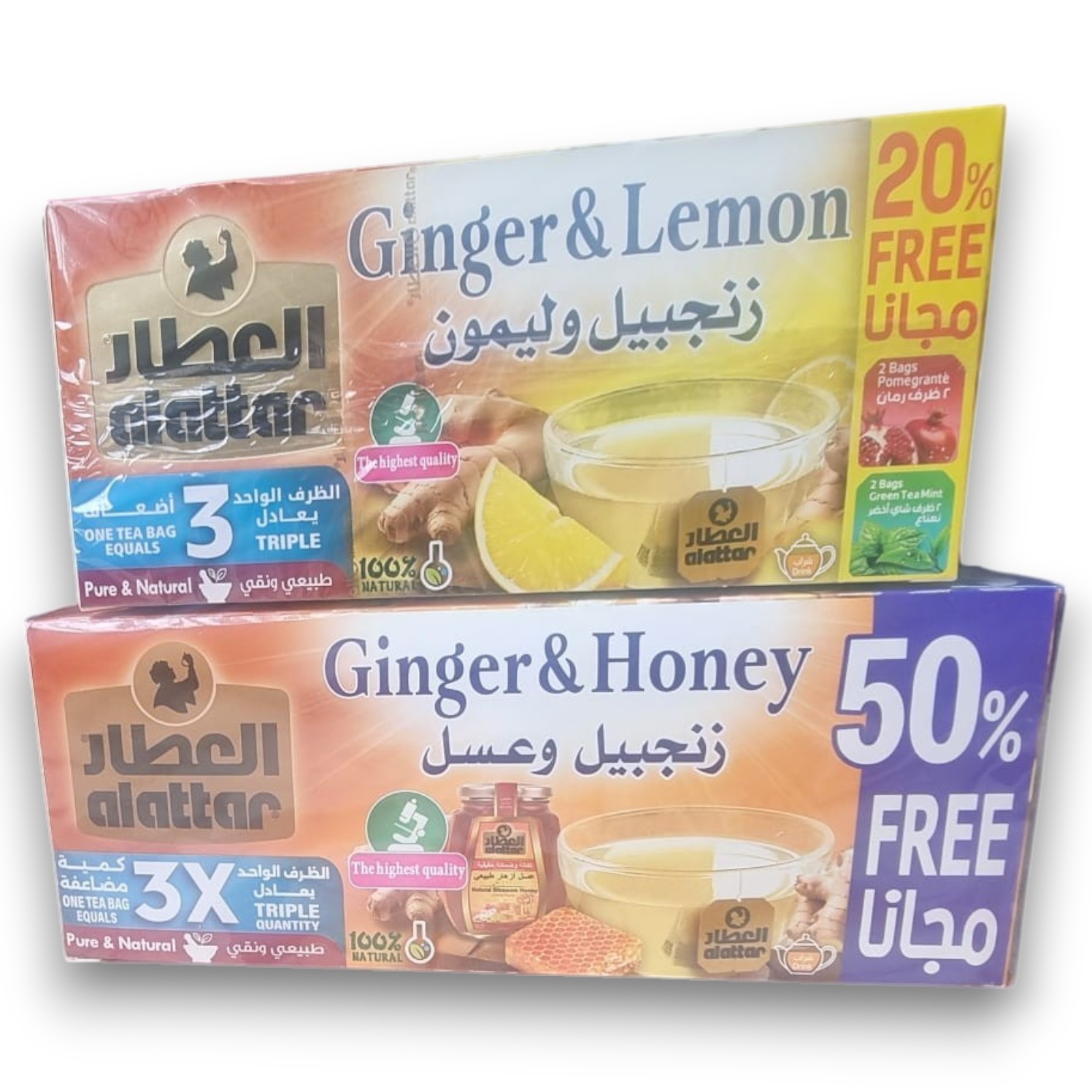 Al Attar Ginger and Lemon Herbal Tea and Ginger and Honey Herbal Tea, Two Pack