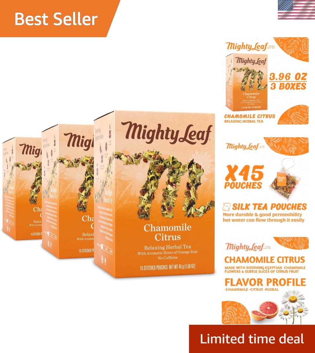 Delicate Chamomile Citrus Tea Blend with Vitamin C – 15 Whole Leaf Silk Bags