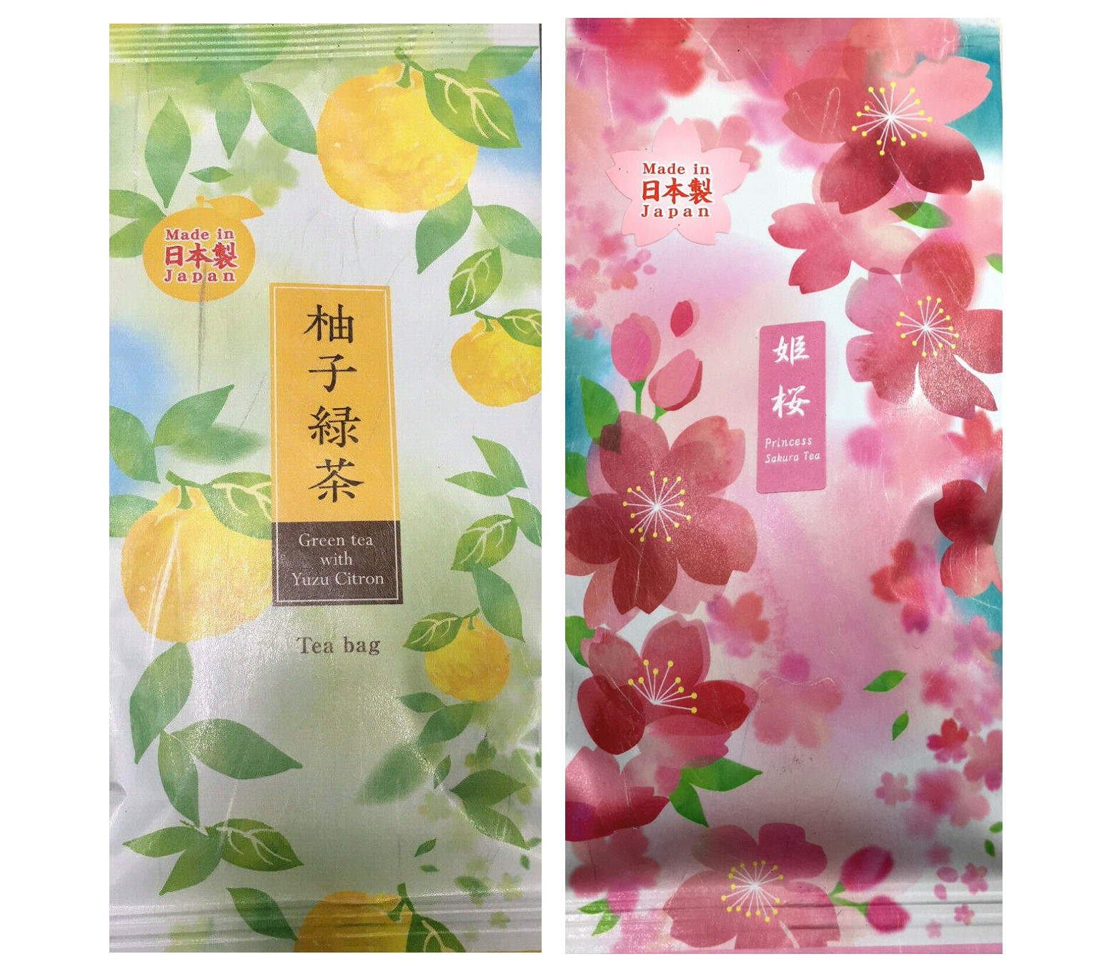 SET of 2 Pack Japanese TA-FU Premium Green Tea Bags Sakura Blossom & Yuzu Citron