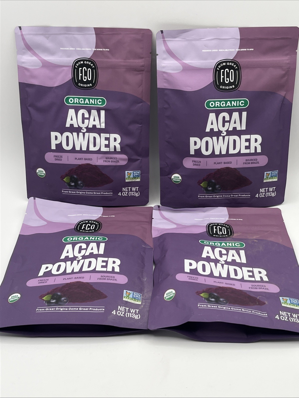 4 bags From Great Origins Organic Acai powder 4.oz each From Brazil 11/18/2027
