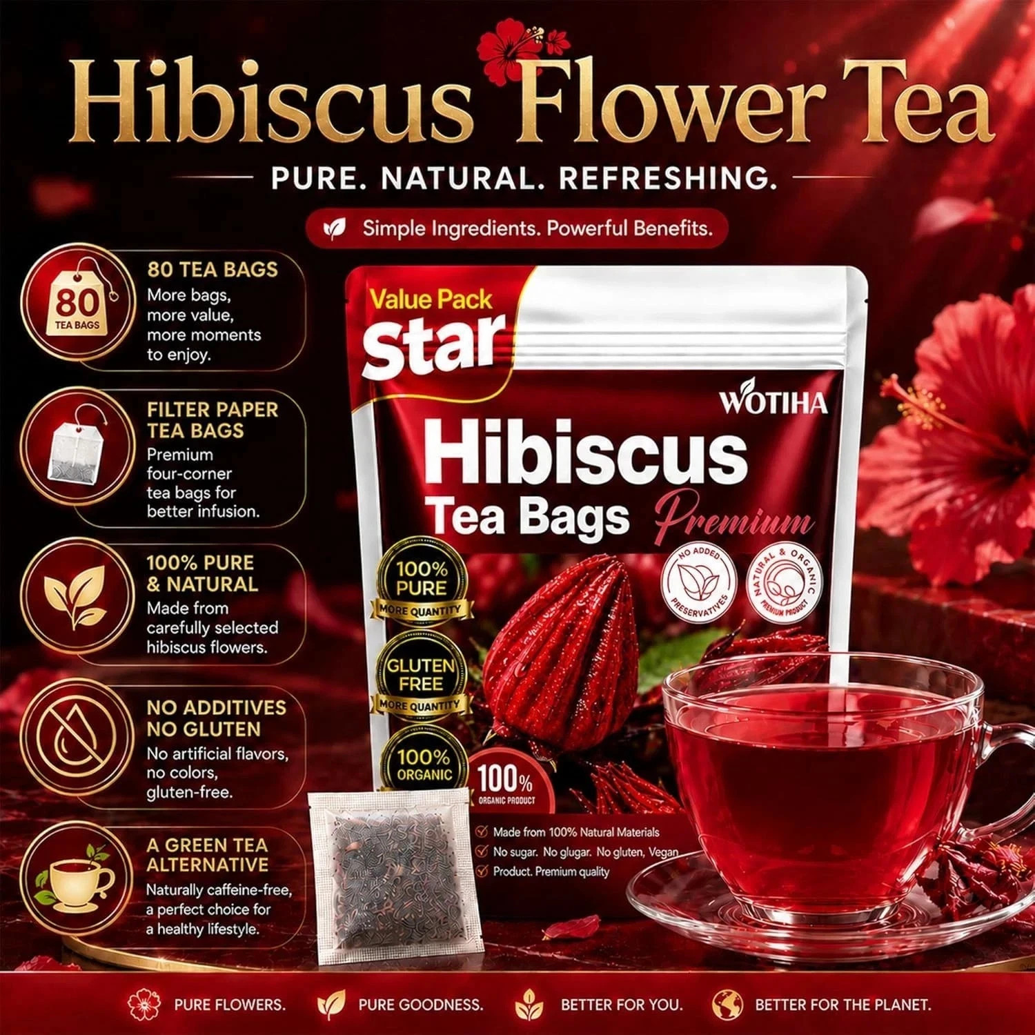 Premium 80 Hibiscus Flowers Tea Bags, 100% Natural, Handmade & Pure from Hibi