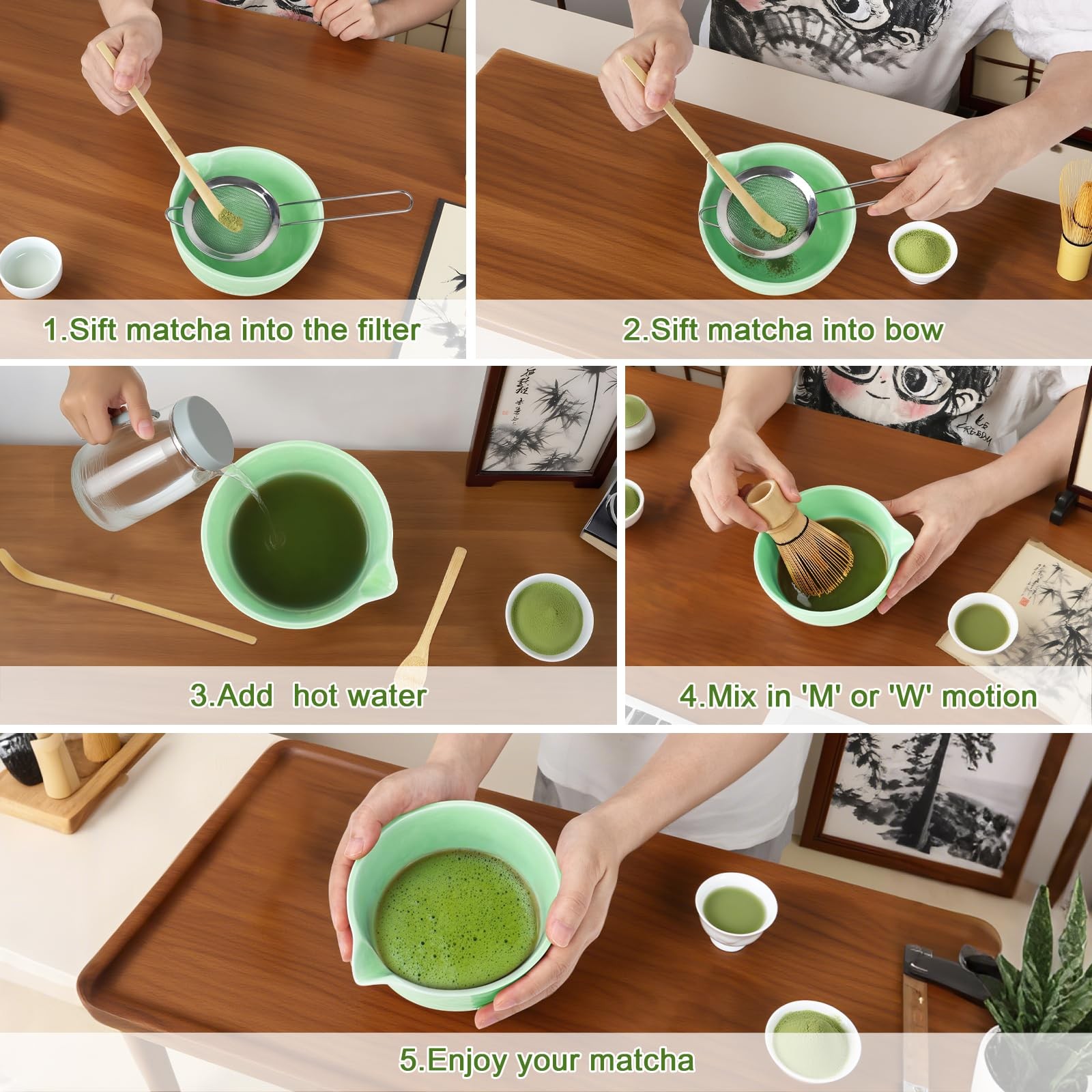 Matcha Whisk Set, 9Pcs Ceramic Macha Kit, Matcha Set Whisk and Bowl with Spou…
