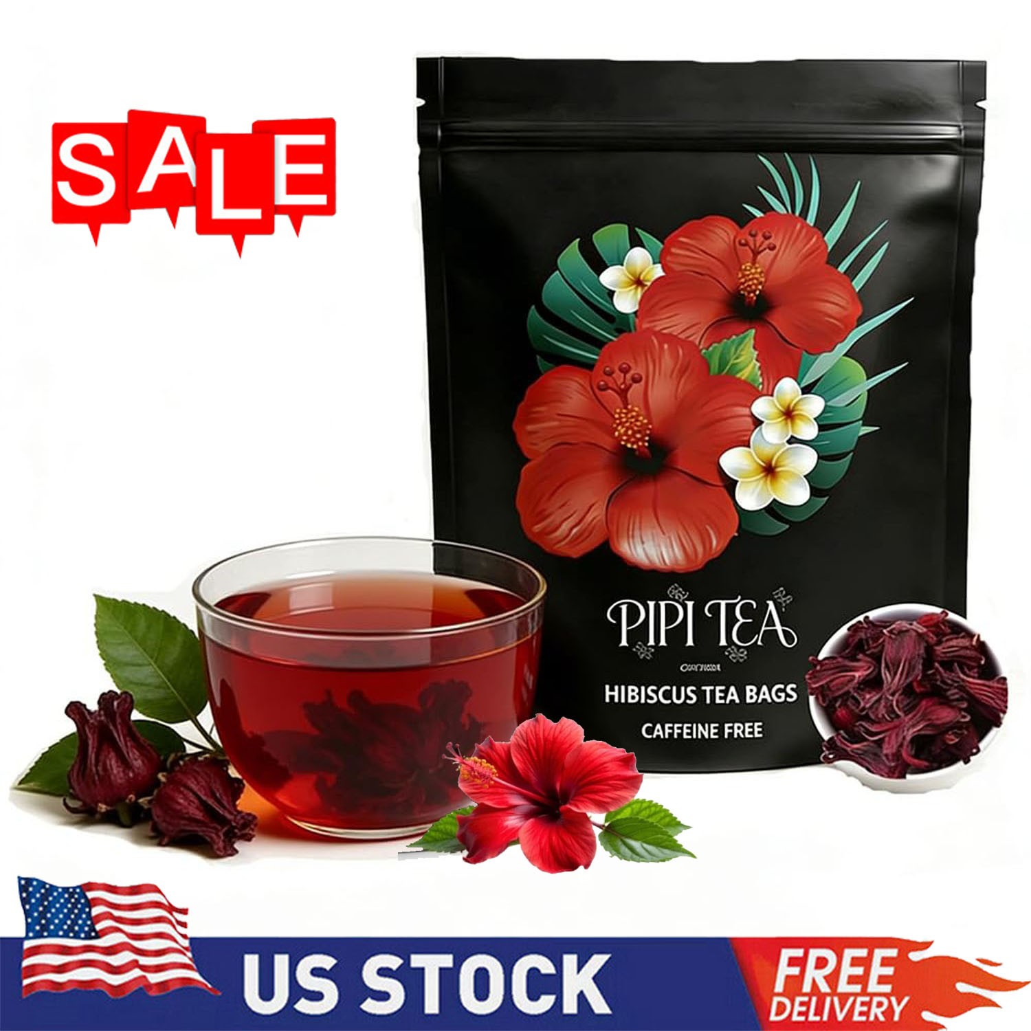 5X PiPi Tea Organic Hibiscus Tea Bags – Caffeine Free Herbal Tea Rich in Antioxi