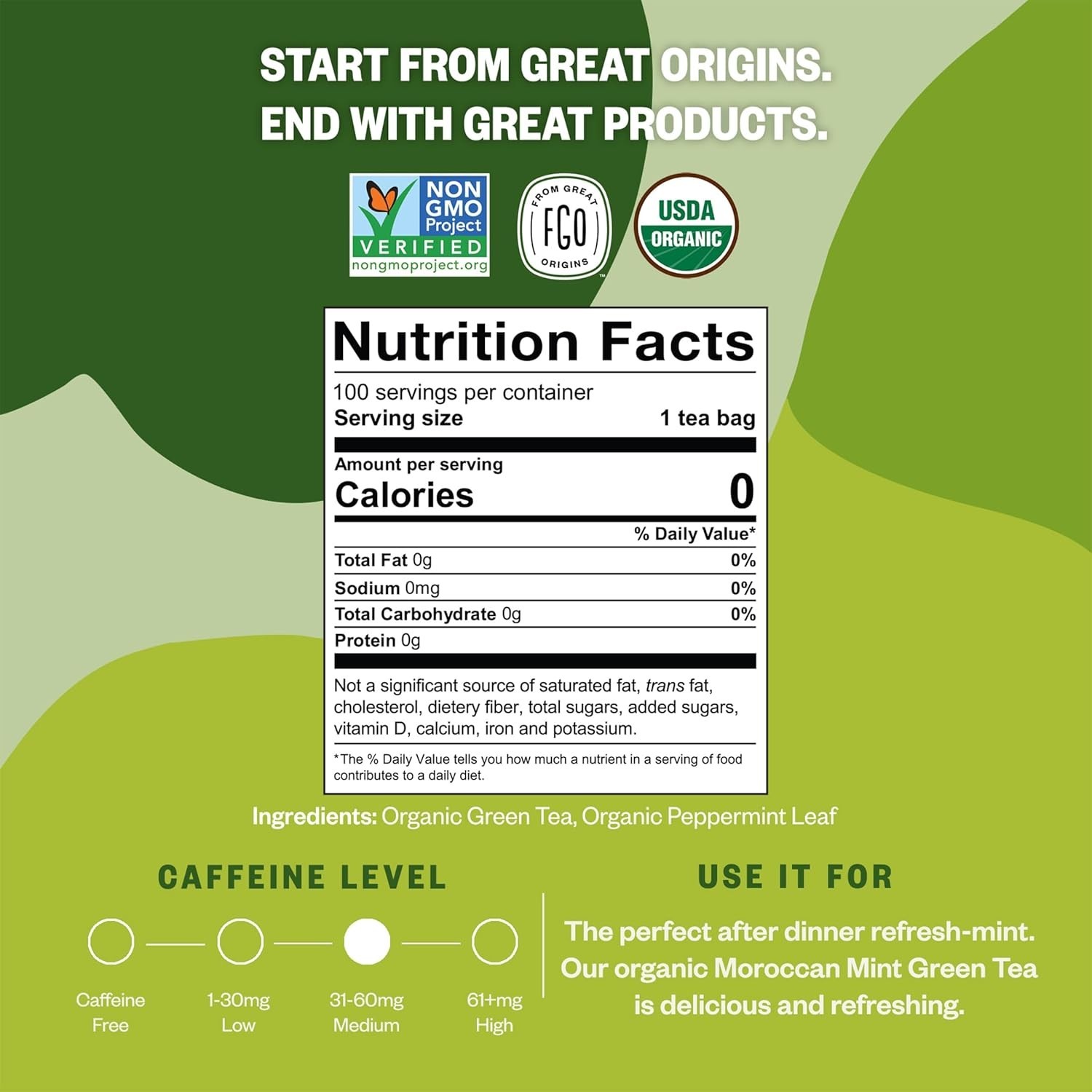 Organic Mint Green Tea Bags – 100 Count, Convenient Resealable Kraft Packaging