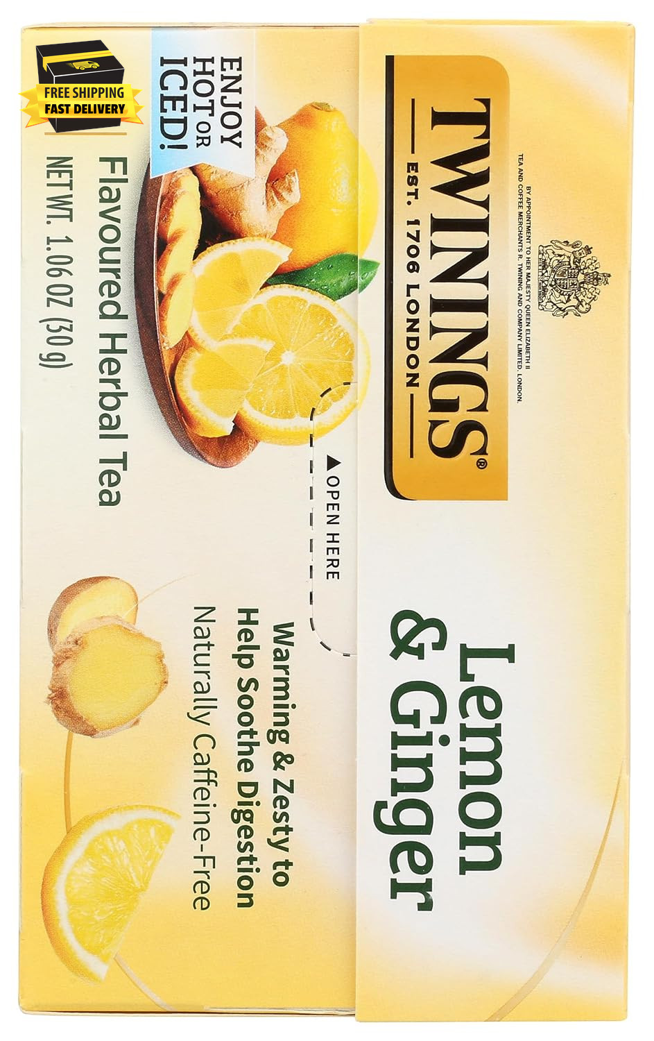 Lemon & Ginger Herbal Tea Individually Wrapped Bags, 20 Count (Pack of 1), Tangy