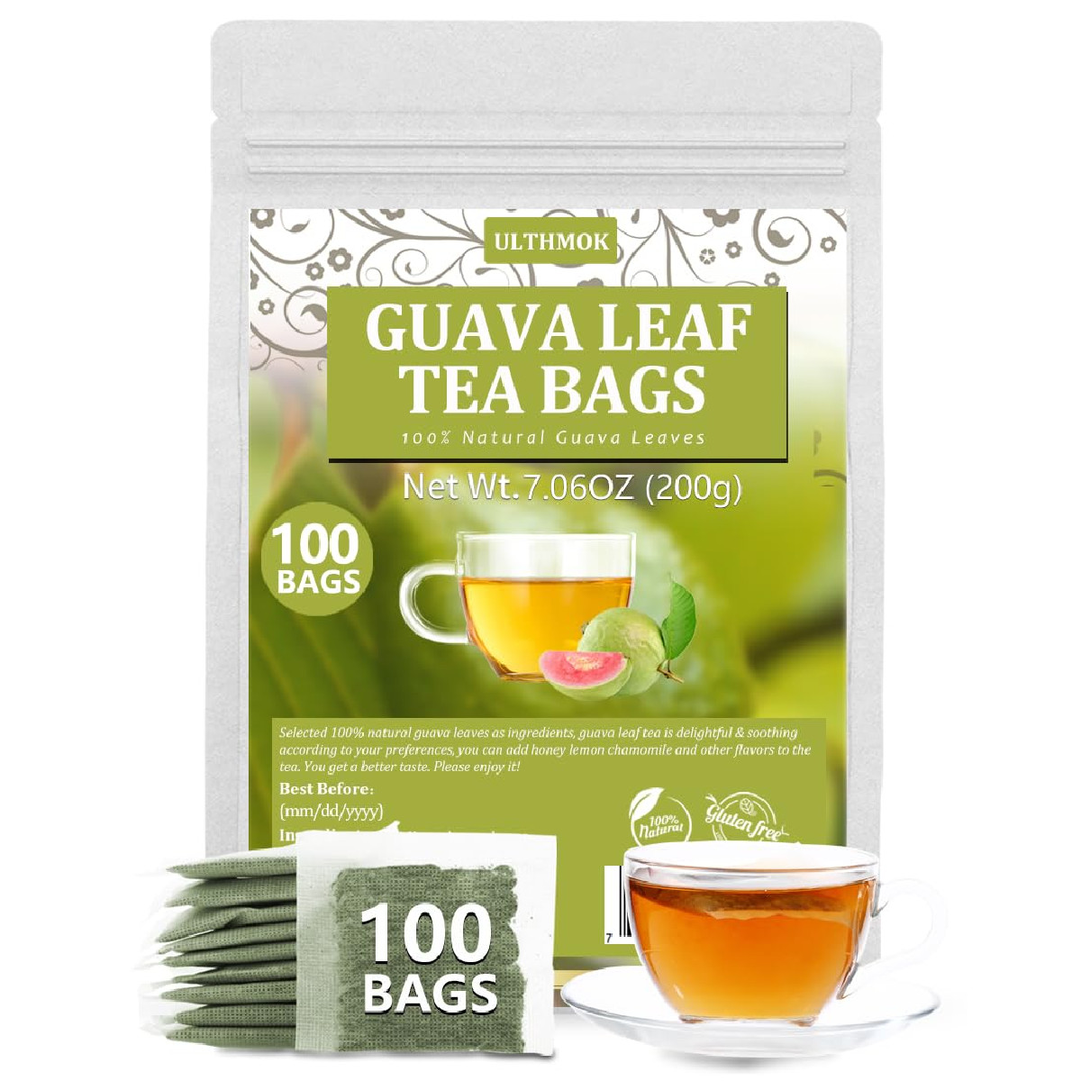 Premium 100 Guava Leaf Tea Bags, Made with 100% Natural Guava Leaves, No Additiv
