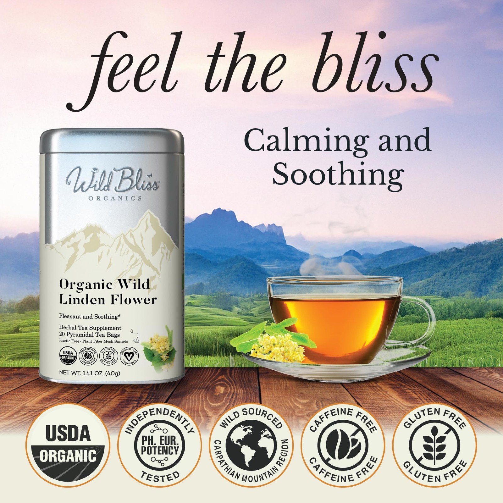 Organic Linden Flower Herbal Tea – Caffeine Free Tisane – 20 Plant Based Tea