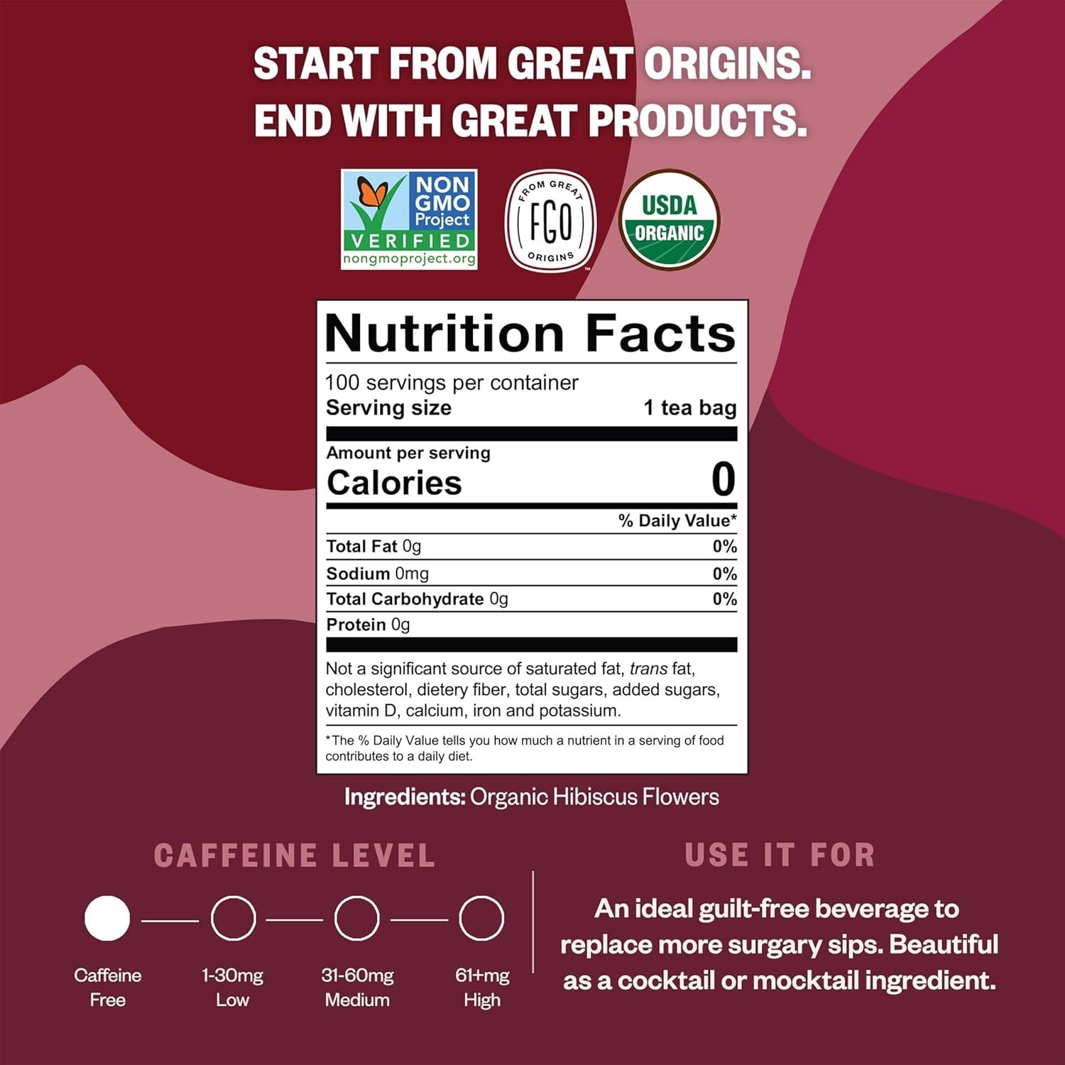 Organic Hibiscus Tea, 100 Count, Eco-Conscious Tea Bags, Caffeine Free, Packa…