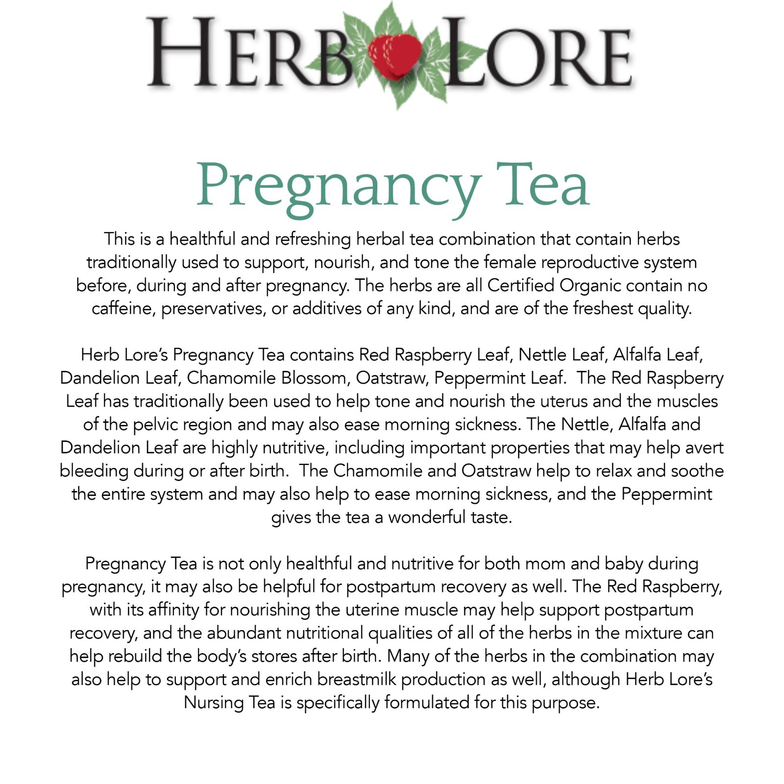 Herb Lore Pregnancy Tea – Red Raspberry Leaf Morning Sickness Trimester Support