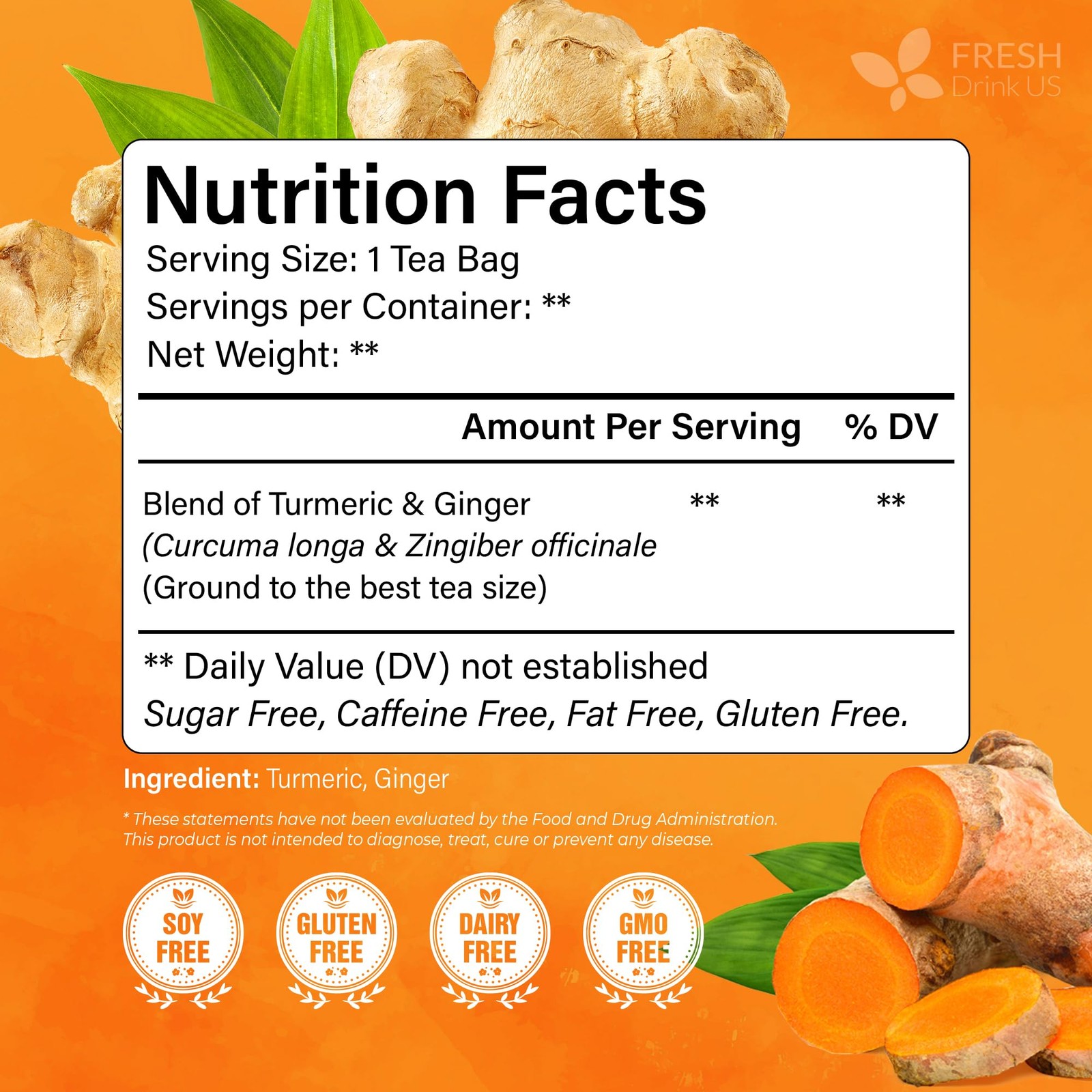 FreshDrinkUS, Premium 135 Ginger Turmeric Tea Bags, 100% Natural 135 Bags