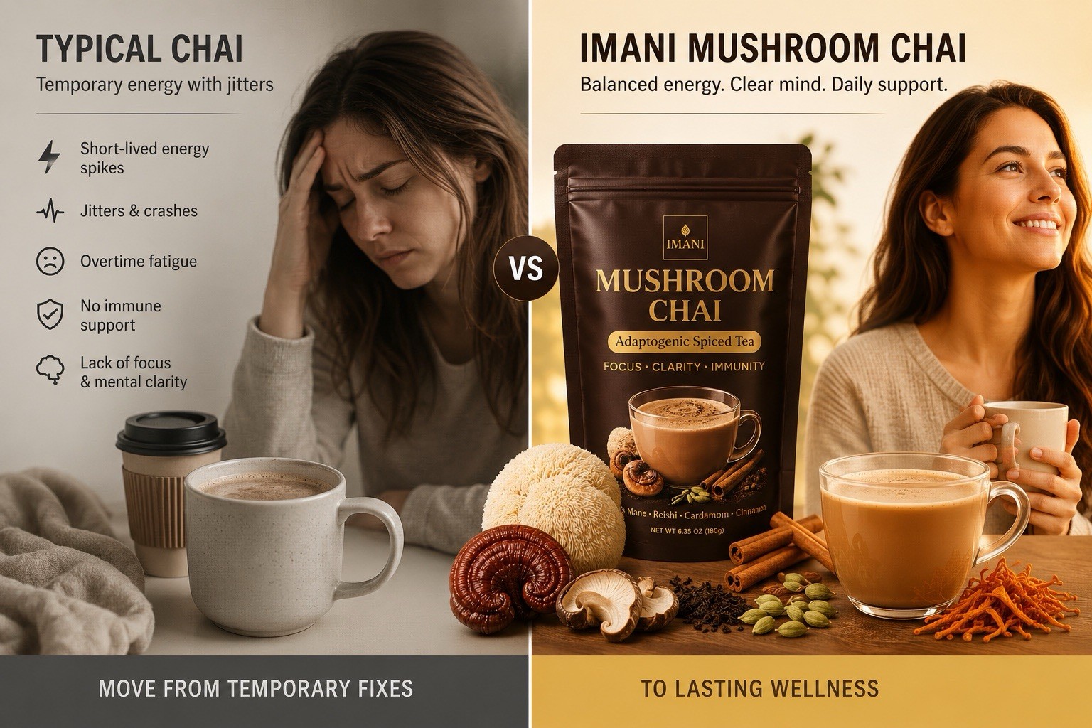 4 PACK IMANI ORGANICS Adaptogenic Mushroom Chai – Focus & Energy Blend 180g DEAL