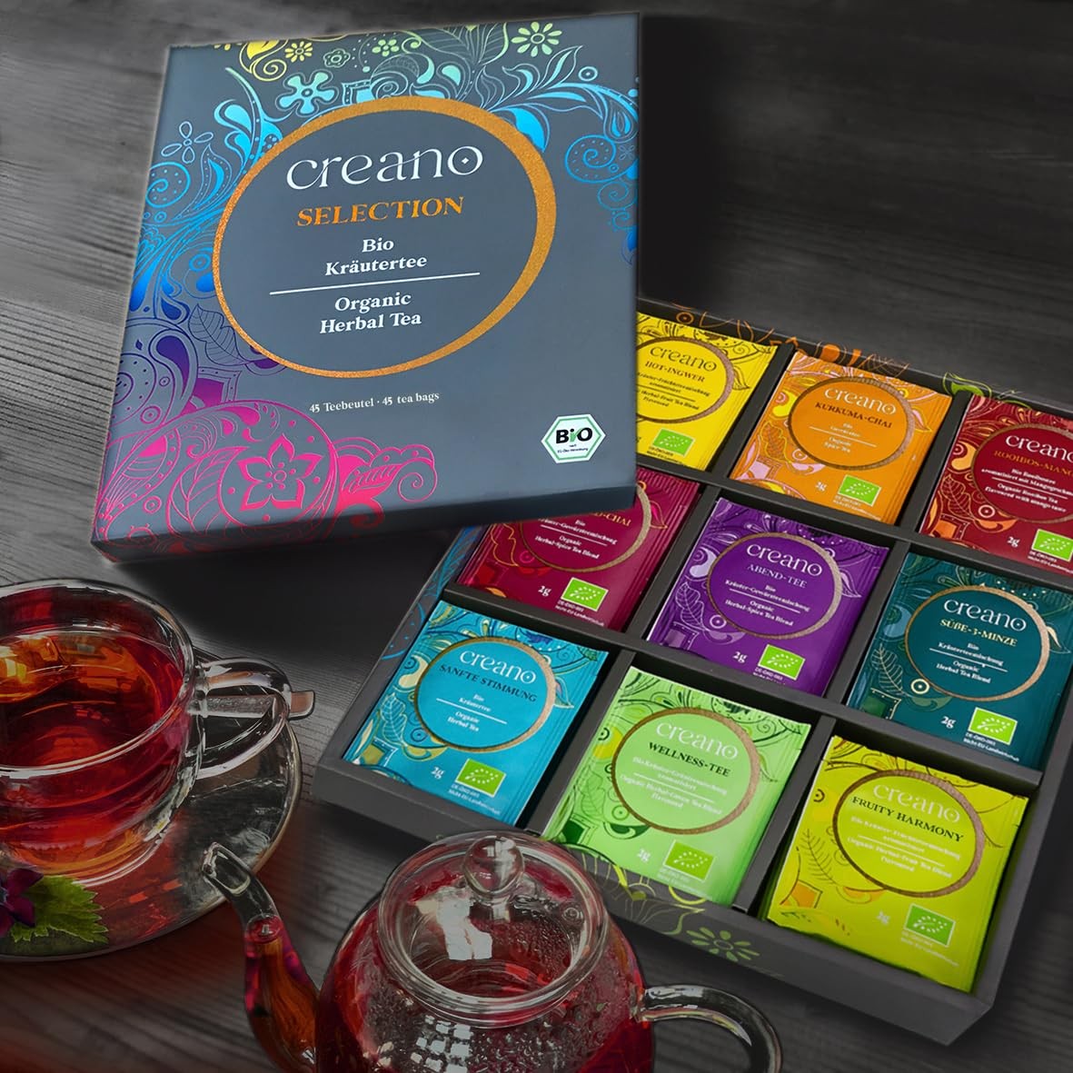 Organic Tea Gift Set Grey – 45 Organic Tea Bags in 9 Different Varieties – 90 g