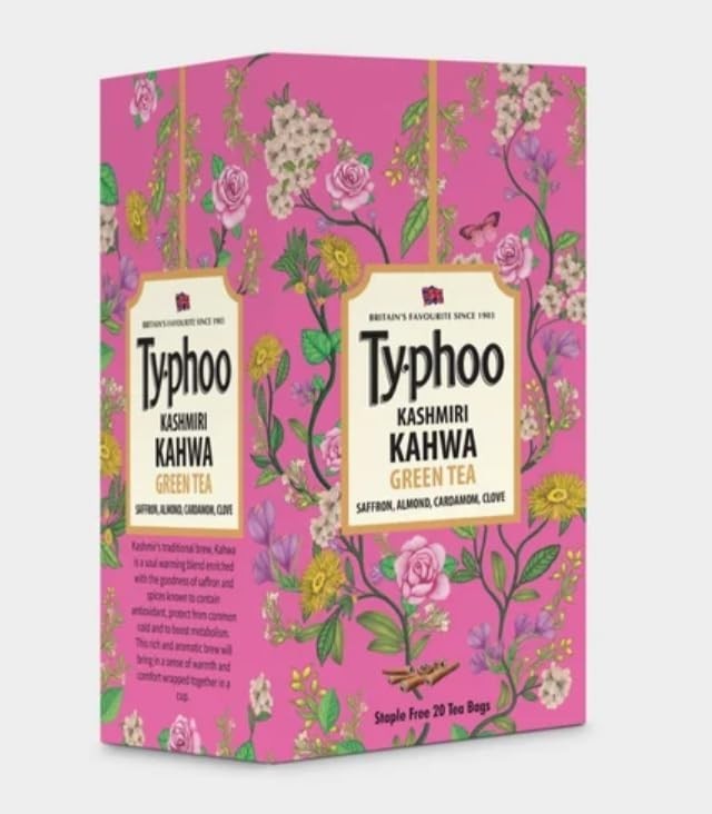 Typhoo Kashmiri Kahwa Green Tea with Saffron Almond Cardamom, clove 20 Tea Bags