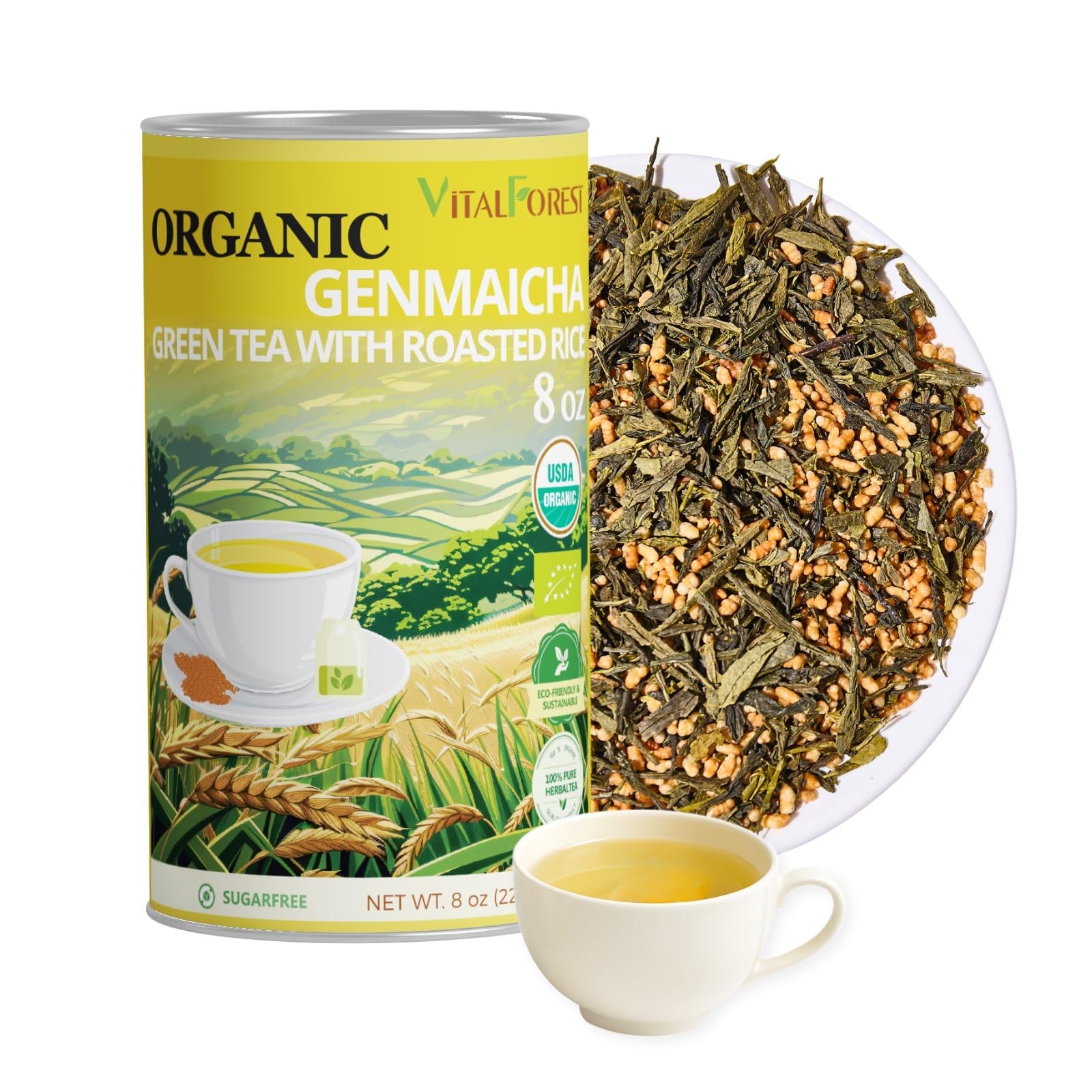 Organic Genmaicha Green Tea Loose Leaf – Roasted Rice, Smooth Flavor 8oz