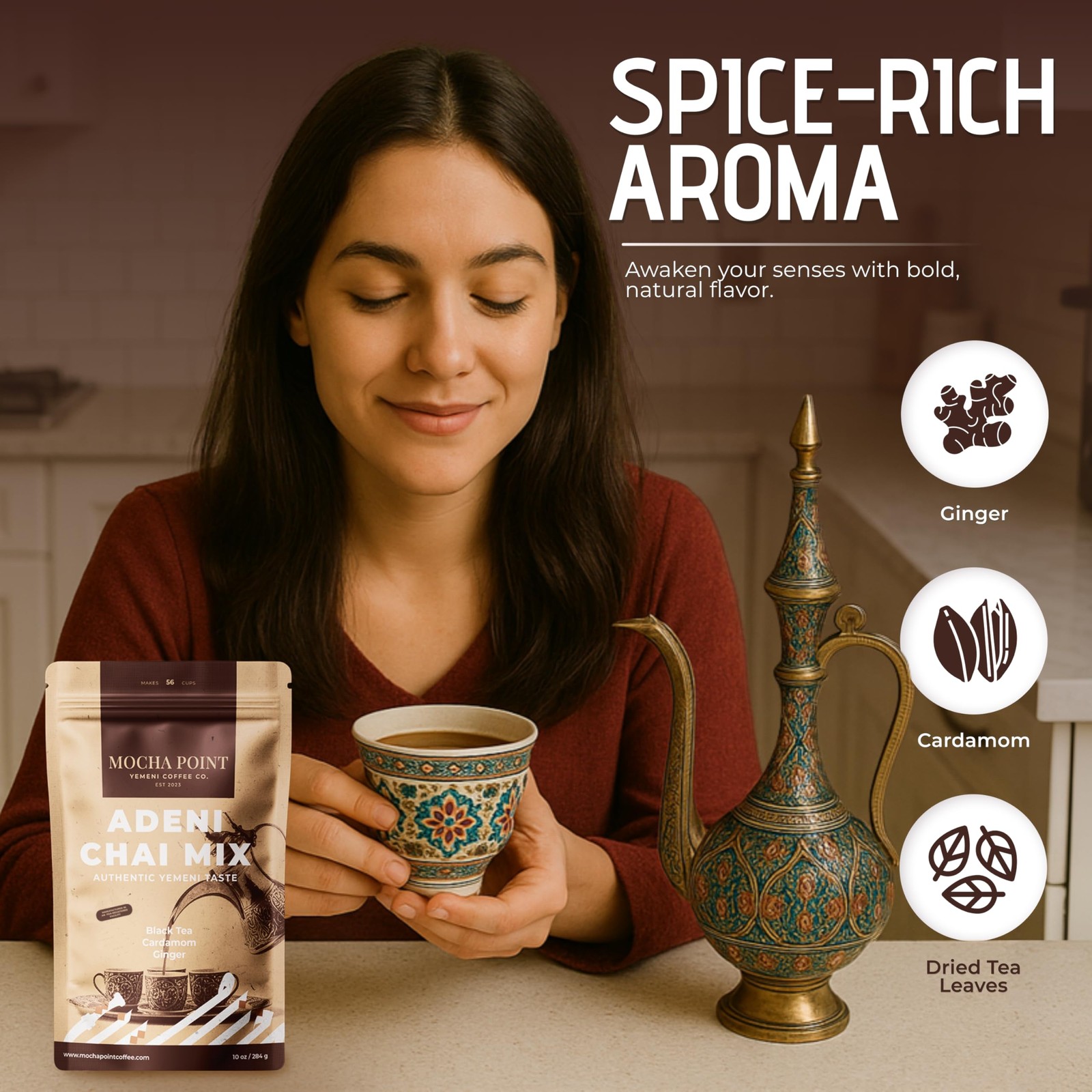 Mocha Point Adeni Chai Mix – Natural Black Tea with Ginger & Cardamom – Authe…