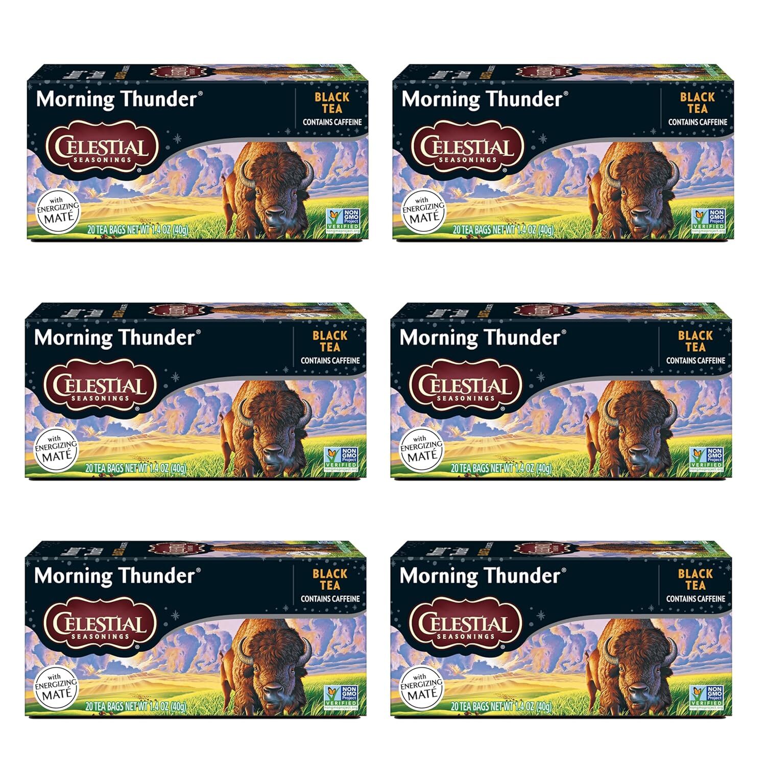 Morning Thunder Black Tea, Caffeinated, 20 Tea Bags Box, (Pack of 6)