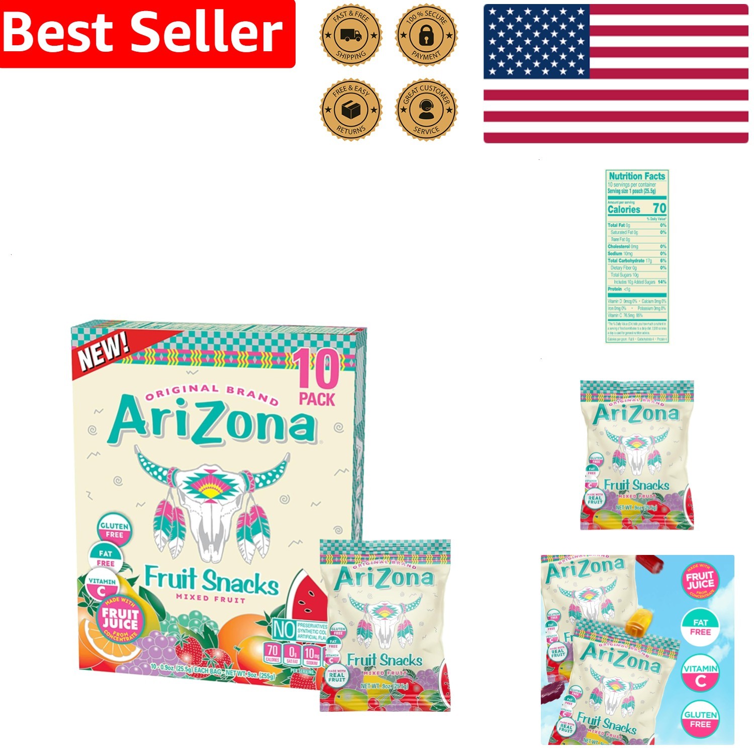 AriZona Mixed Fruit Snacks, 10x 0.9oz Packs, Immune Support, Pure Natural Taste