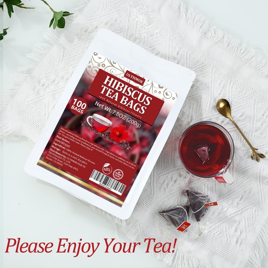 Premium Hibiscus Tea Bags,100 Tea Bags/7.06 Oz,100% Pure Dried Hibiscus Flower,N