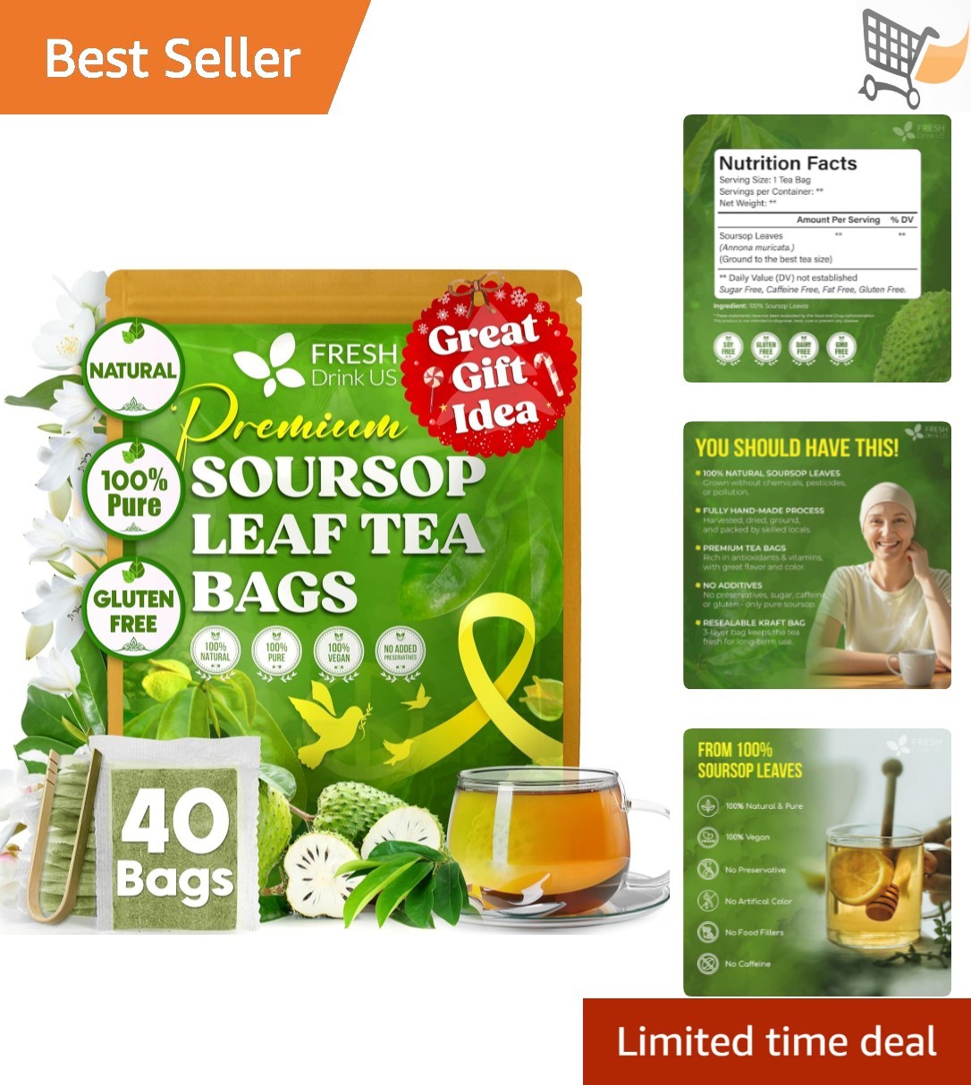 Soursop Tea Bags Natural Herbal Relaxation Caffeine Free Gluten Free 40