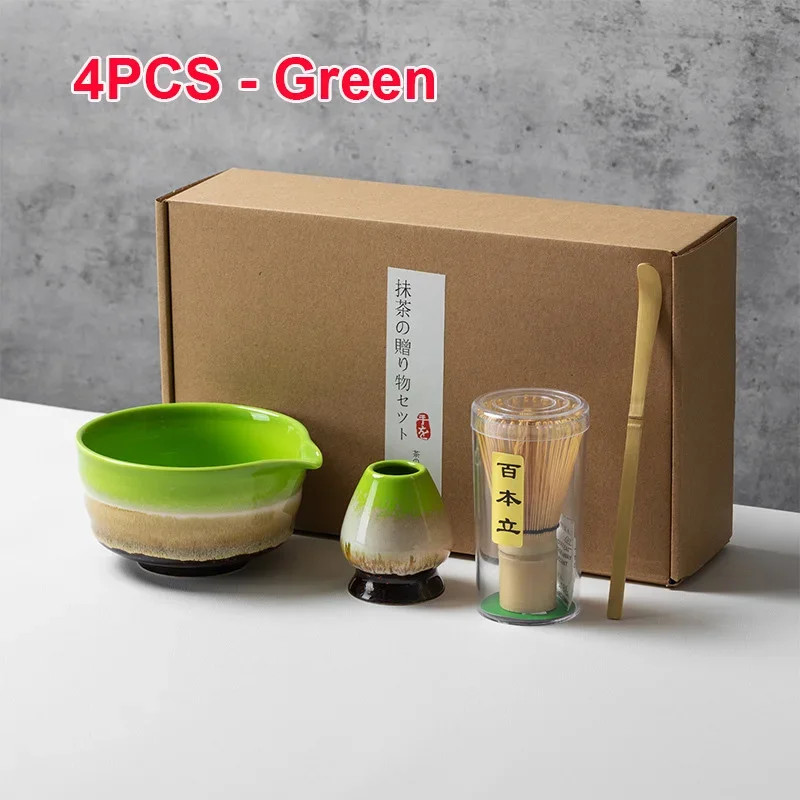 4PCS Matcha Set Bamboo Whisk Teaspoon Ceramic Bowl Tranditional Tea Sets Home Te